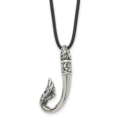 Chisel Stainless Steel Antiqued and Polished Hook Pendant on a 20 inch Black Leather Cord Necklace