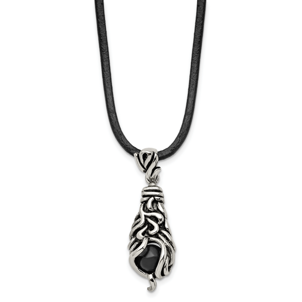 Black Agate Pendant Necklace in Stainless Steel, 20"
