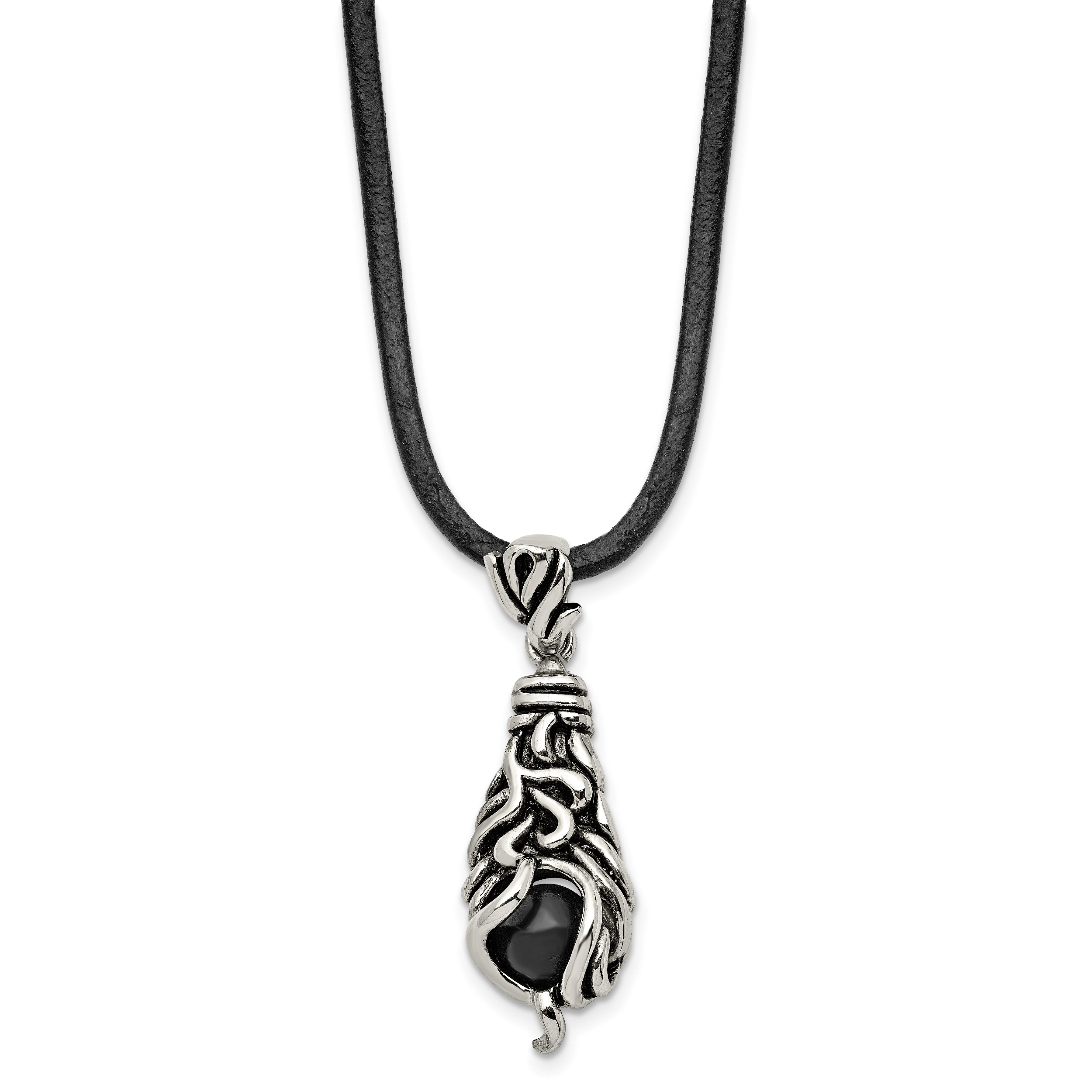 Black Agate Pendant Necklace in Stainless Steel, 20"