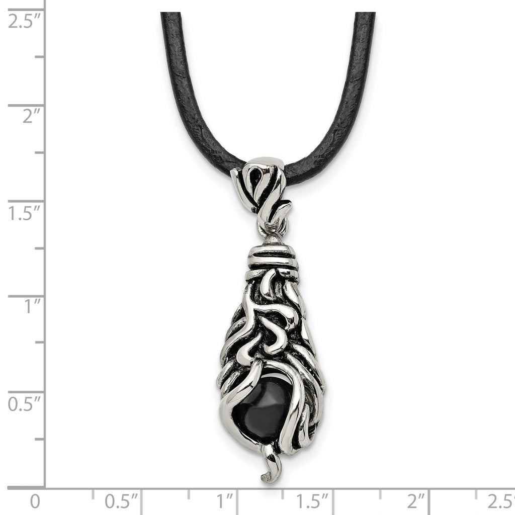 Black Agate Pendant Necklace in Stainless Steel, 20"