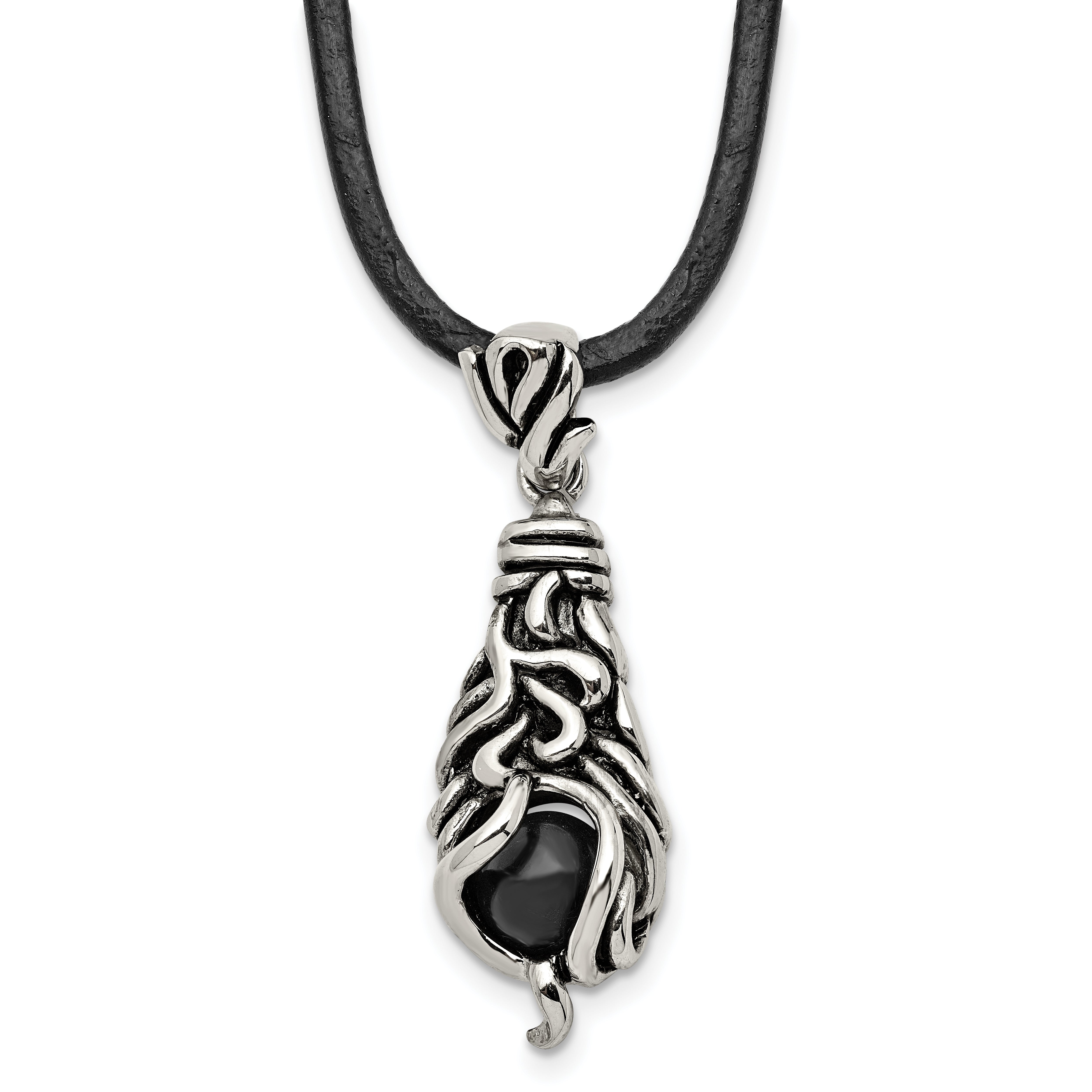 Chisel Stainless Steel Antiqued Polished and Textured Moveable Black Agate Pendant on a 20 inch Leather Cord Necklace Main image