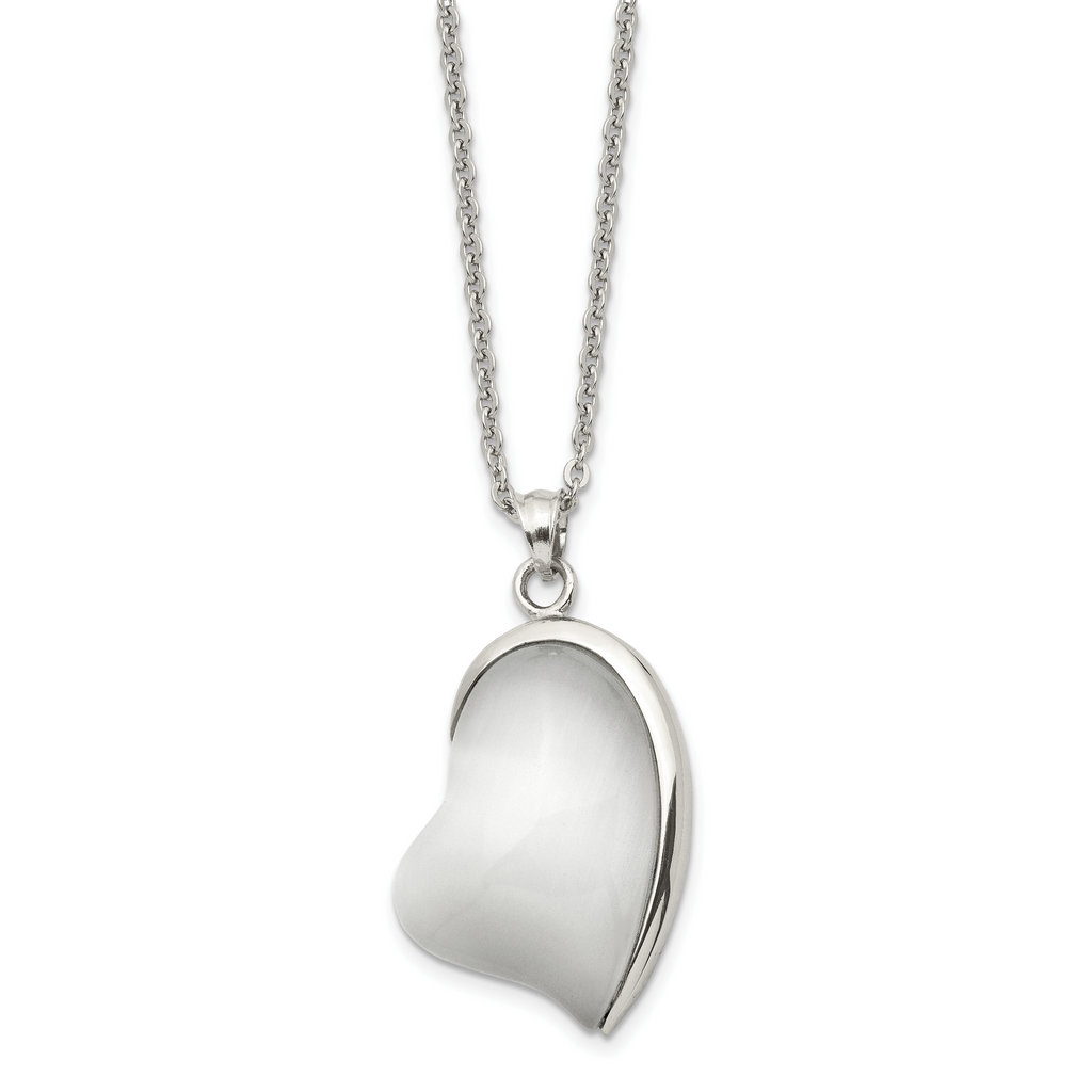 White Cat's Eye Heart Necklace in Stainless Steel
