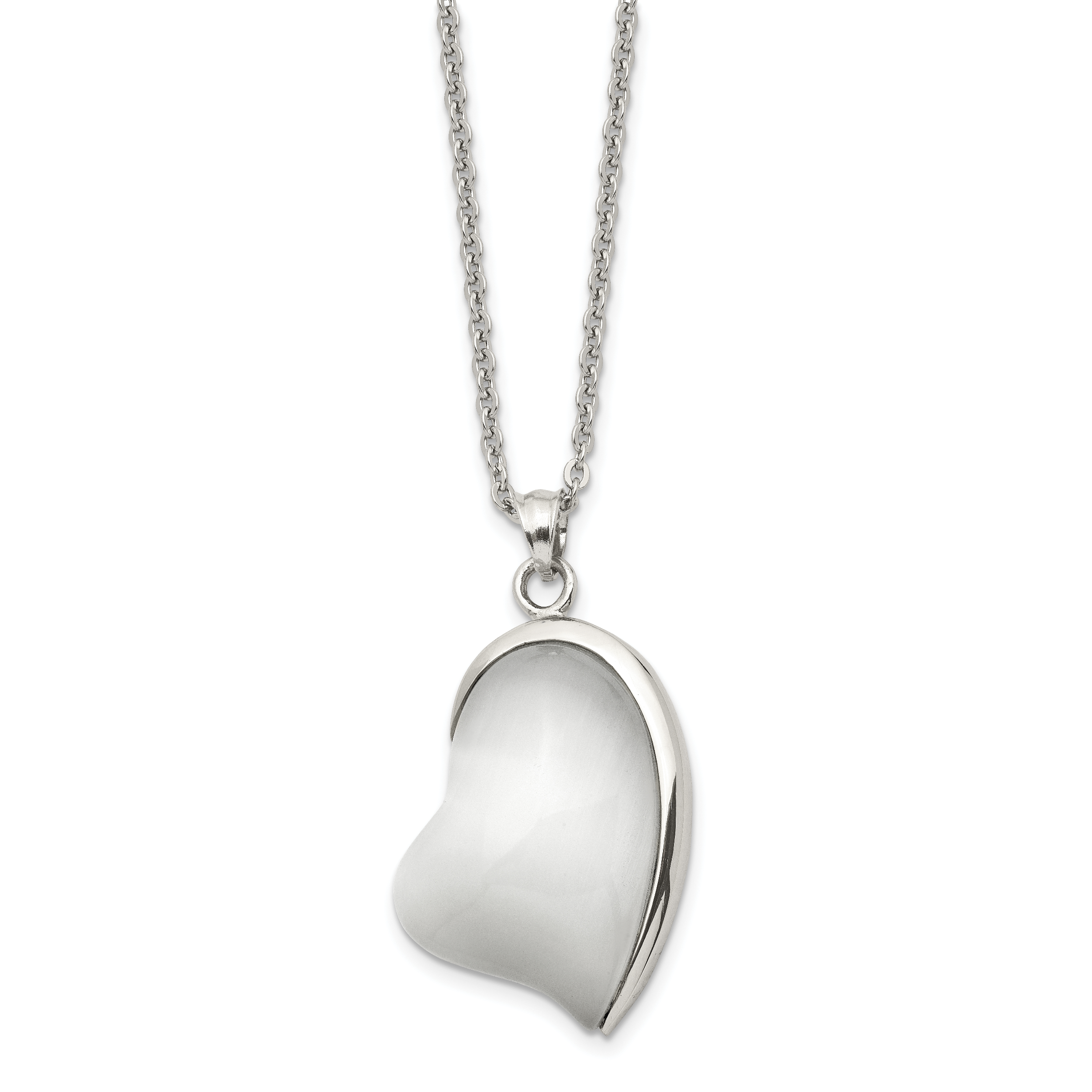 White Cat's Eye Heart Necklace in Stainless Steel
