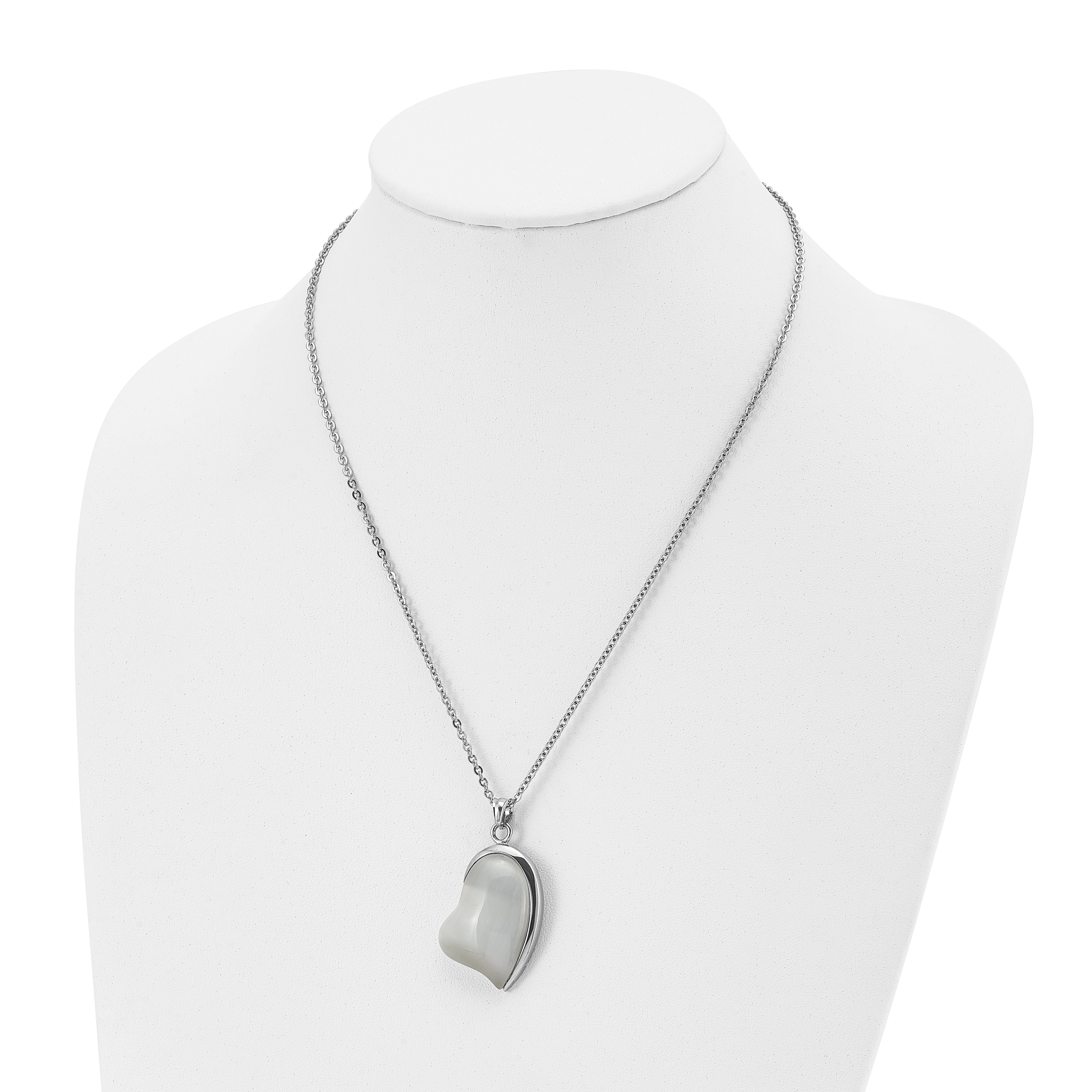 Stainless Steel Polished White Cat's Eye Heart 20in Necklace