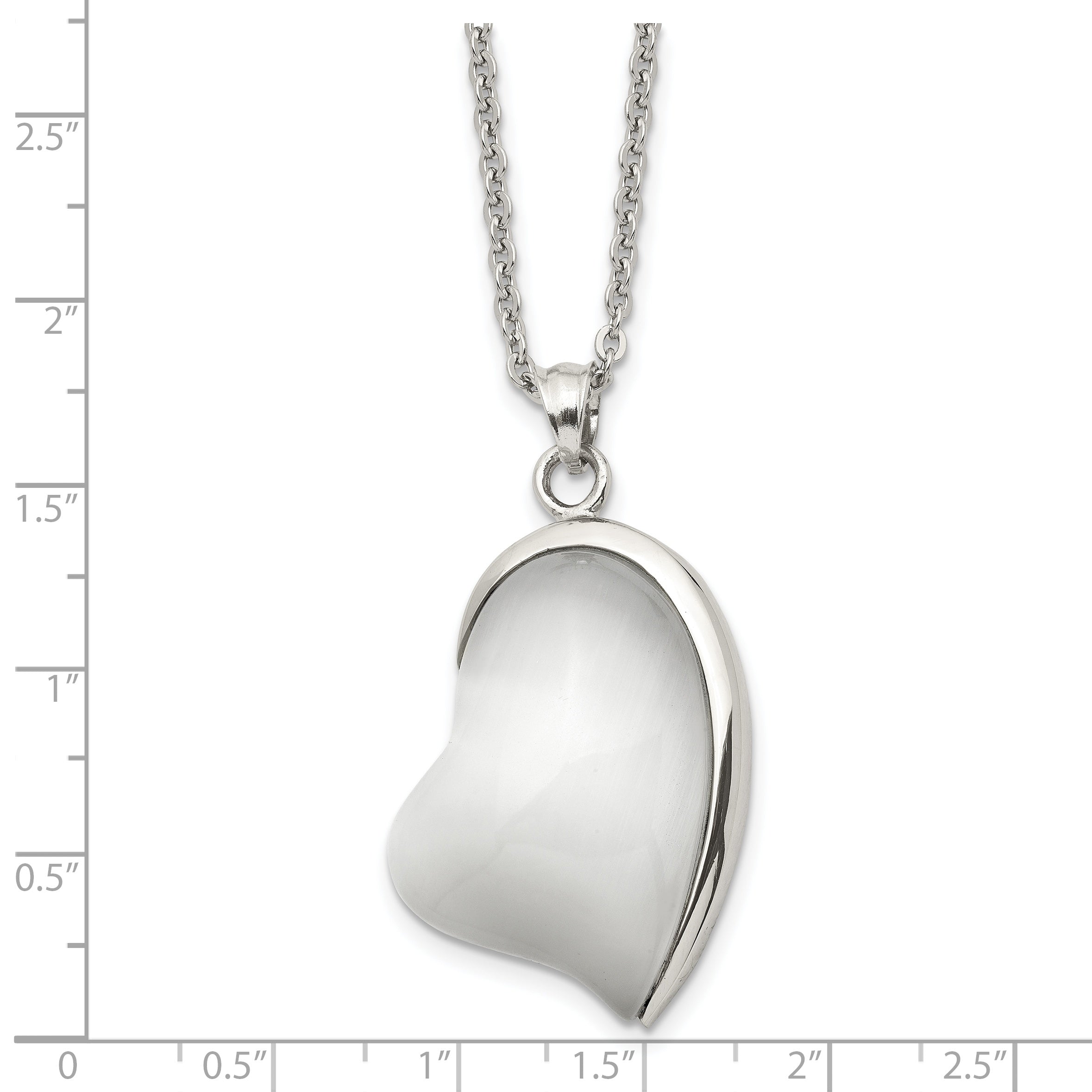 Stainless Steel Polished White Cat's Eye Heart 20in Necklace