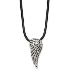 Chisel Stainless Steel Antiqued and Polished Wing Pendant on a 20 inch Leather Cord Necklace