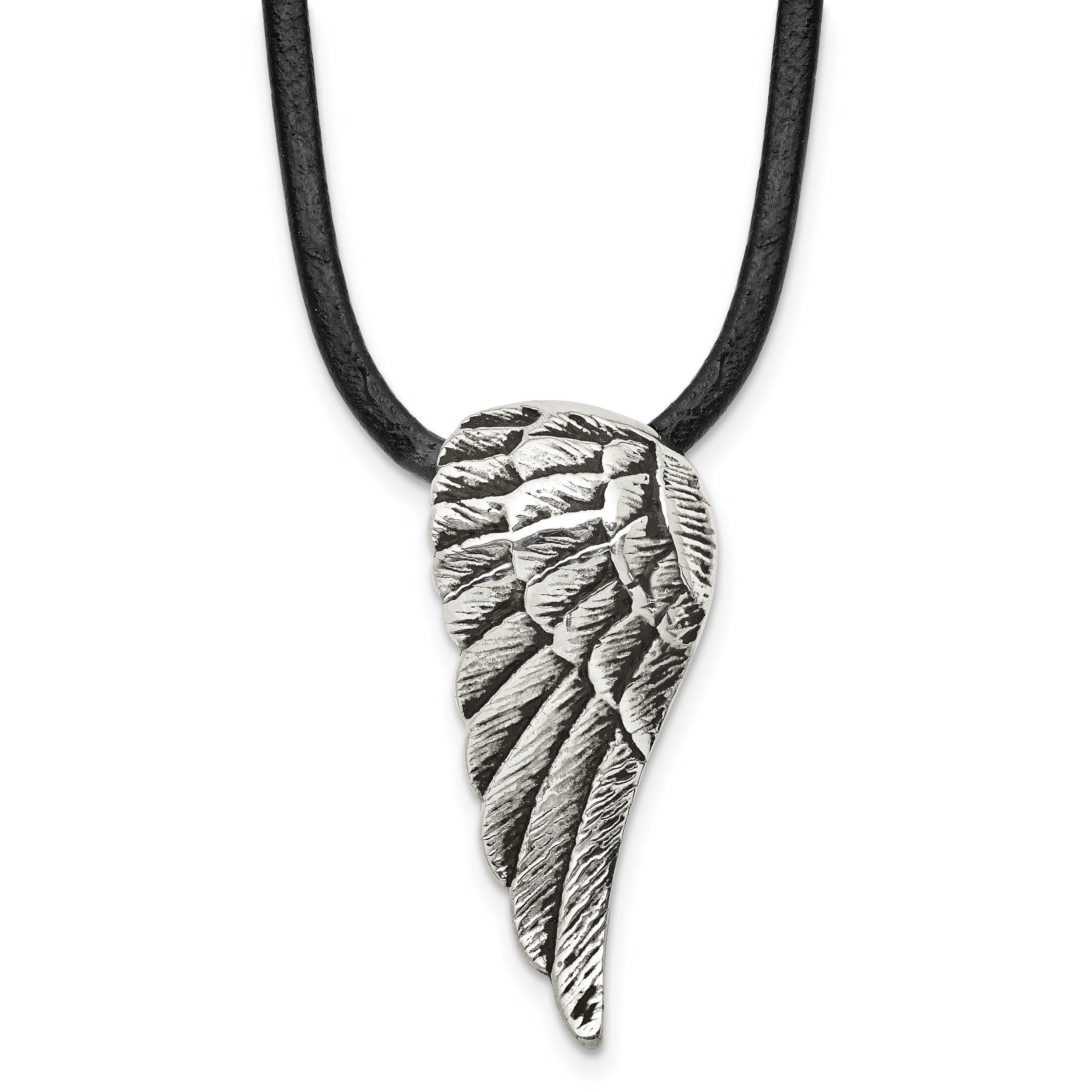 Chisel Stainless Steel Antiqued and Polished Wing Pendant on a 20 inch Leather Cord Necklace
