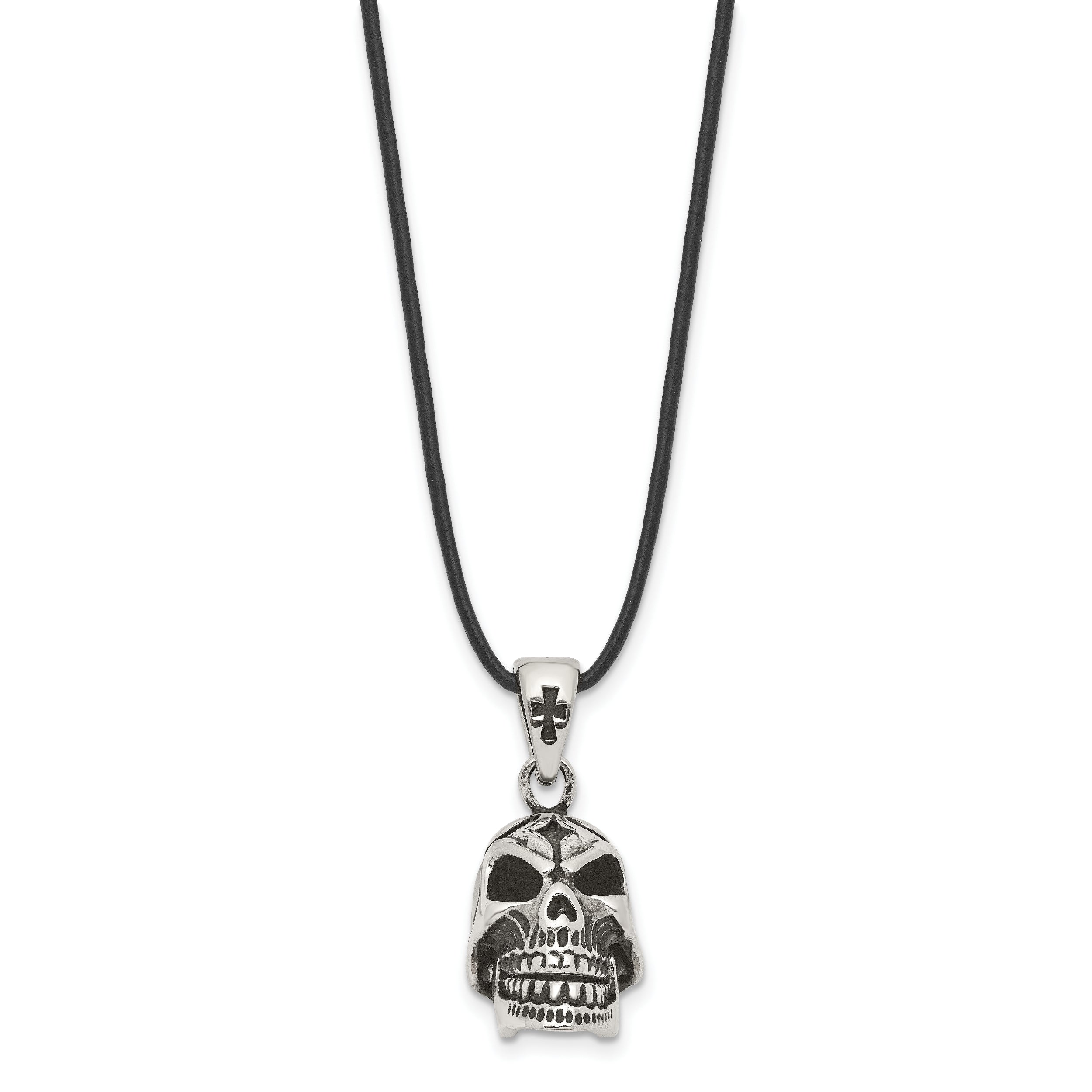 Chisel Stainless Steel Antiqued and Polished Moveable Skull Pendant on a 20 inch Leather Cord Necklace