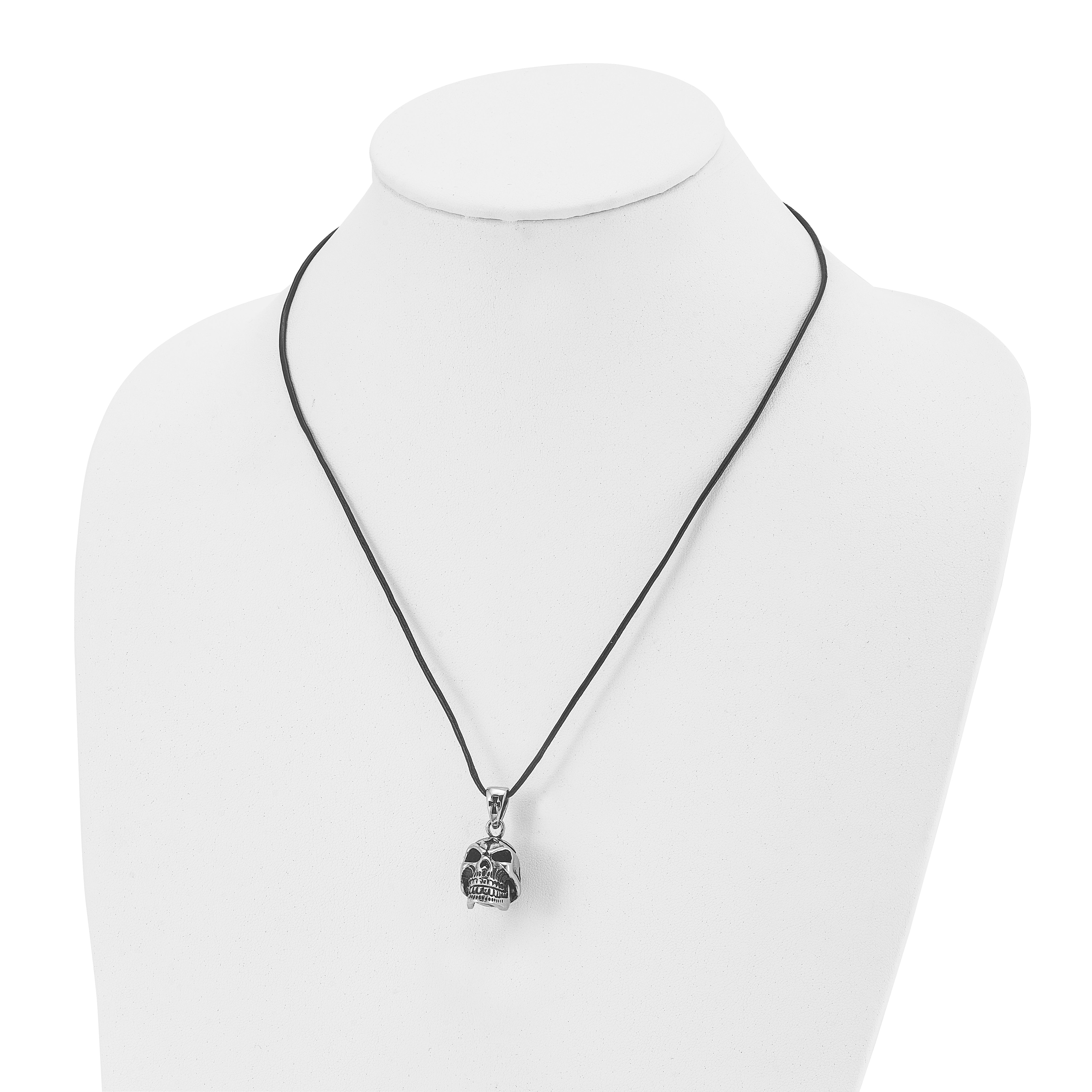 Chisel Stainless Steel Antiqued and Polished Moveable Skull Pendant on a 20 inch Leather Cord Necklace