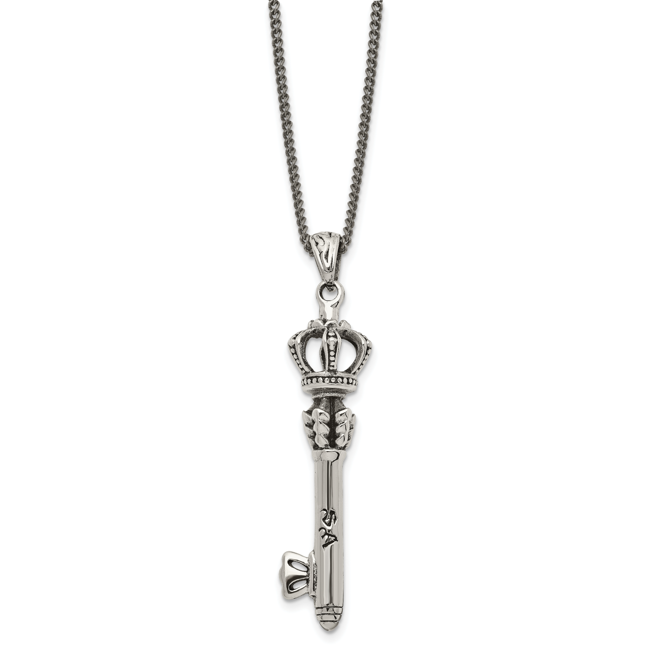 Stainless Steel Antiqued and Polished Crown Key 20in Necklace Main image
