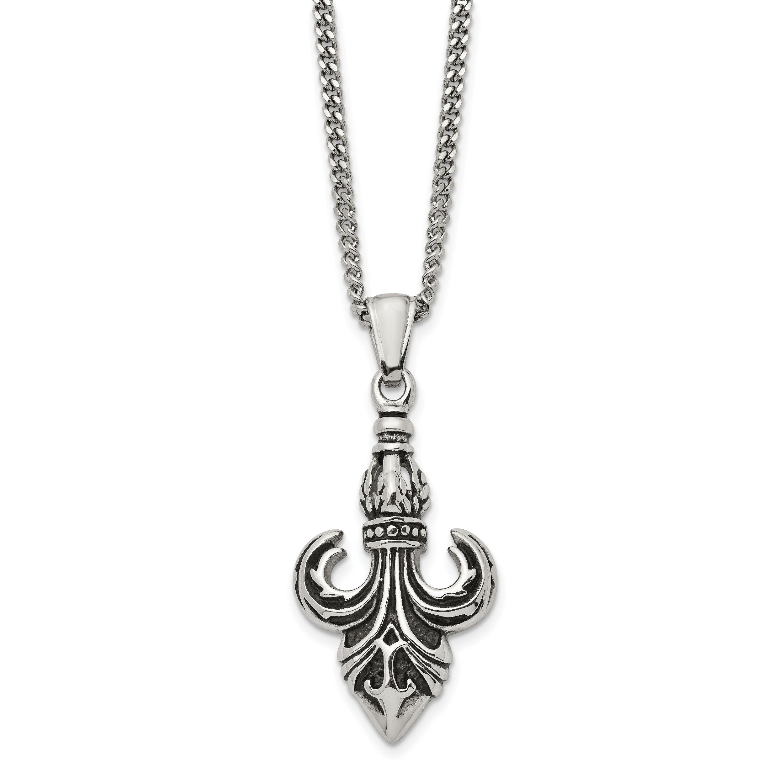 Chisel Stainless Steel Antiqued and Polished Fleur de lis Pendant on a 22 inch Curb Chain Necklace Main image