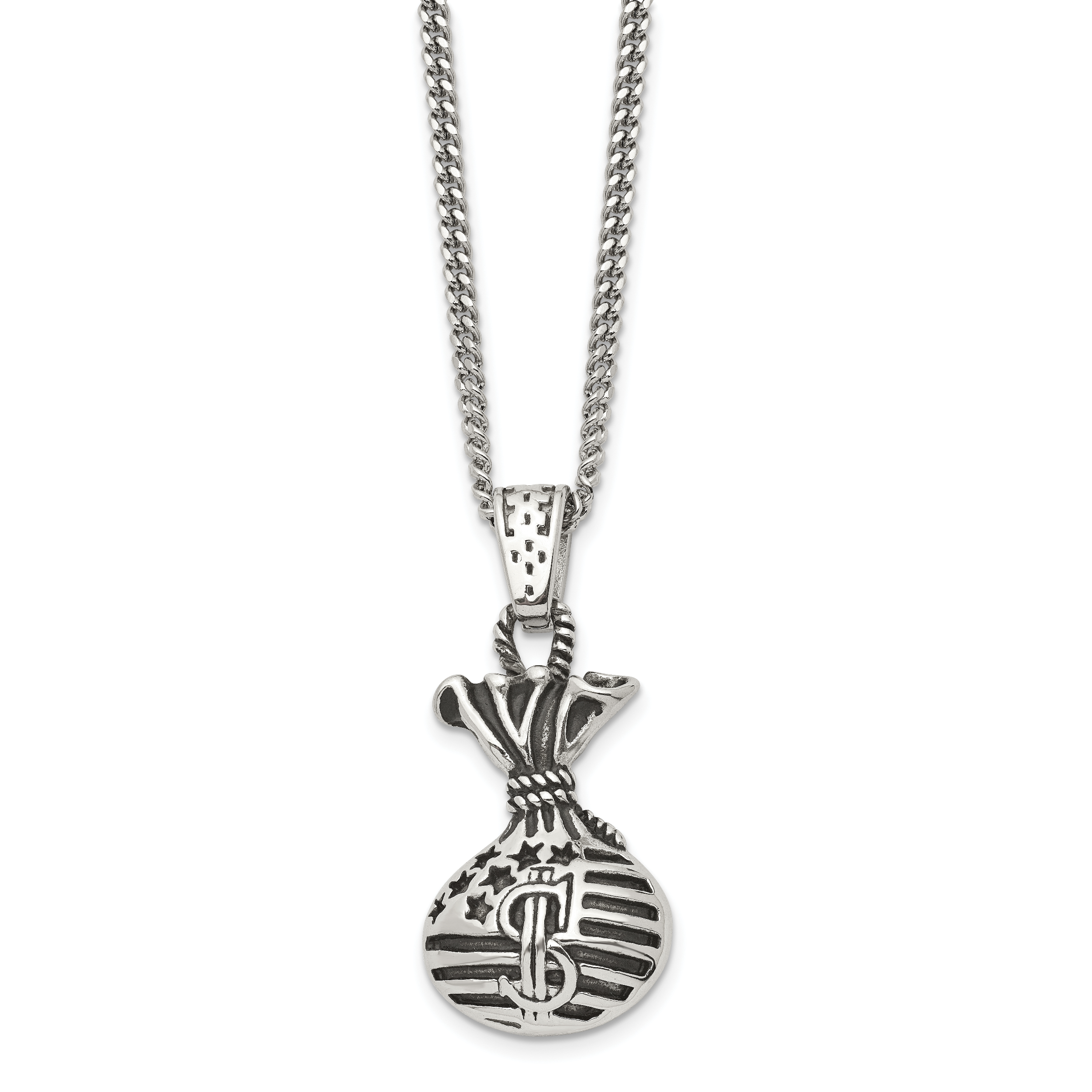 Chisel Stainless Steel Polished and Antiqued Money Bag Pendant on a 22 inch Curb Chain Necklace Main image
