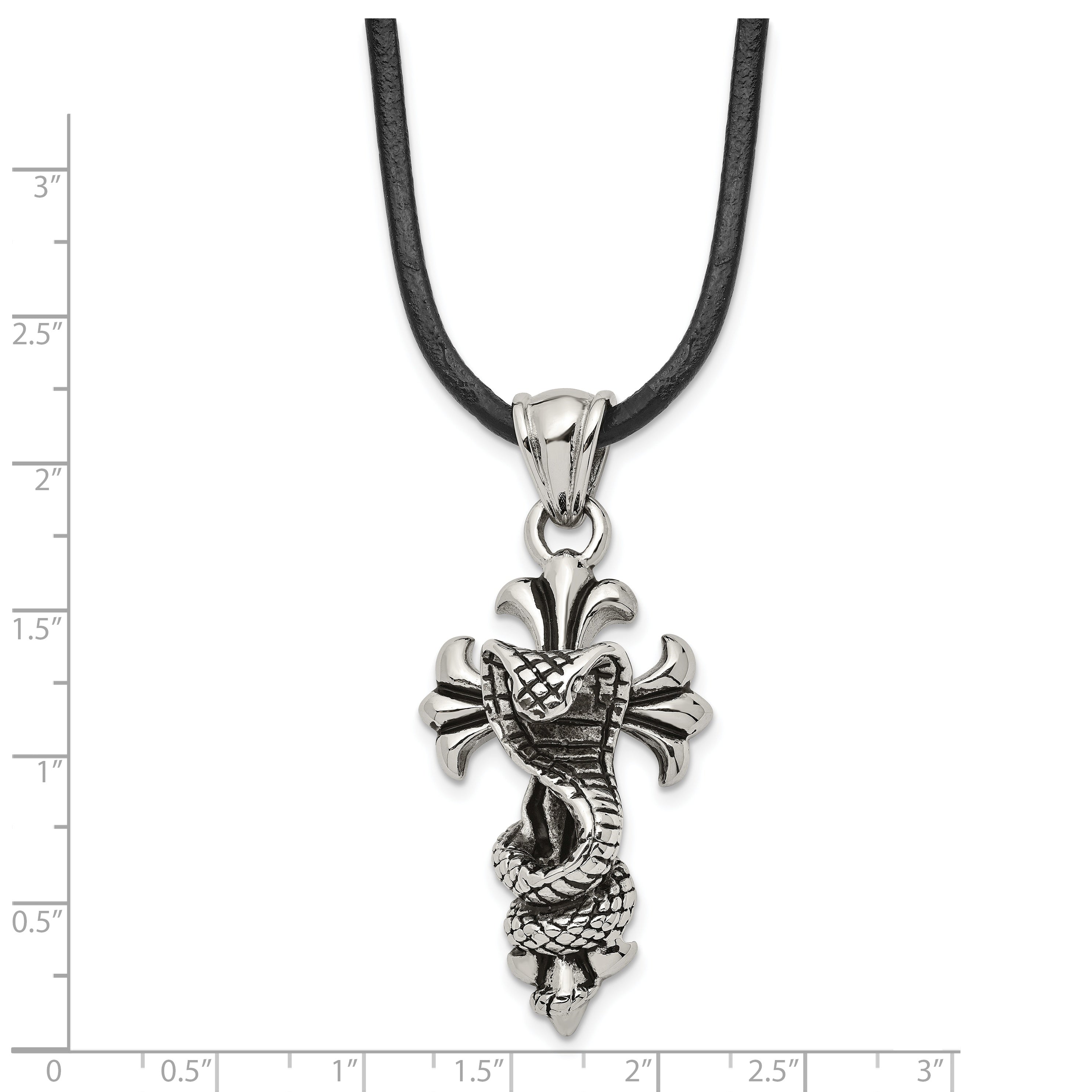 Chisel Stainless Steel Antiqued and Polished Snake on Cross Pendant on a 20 inch Leather Cord Necklace