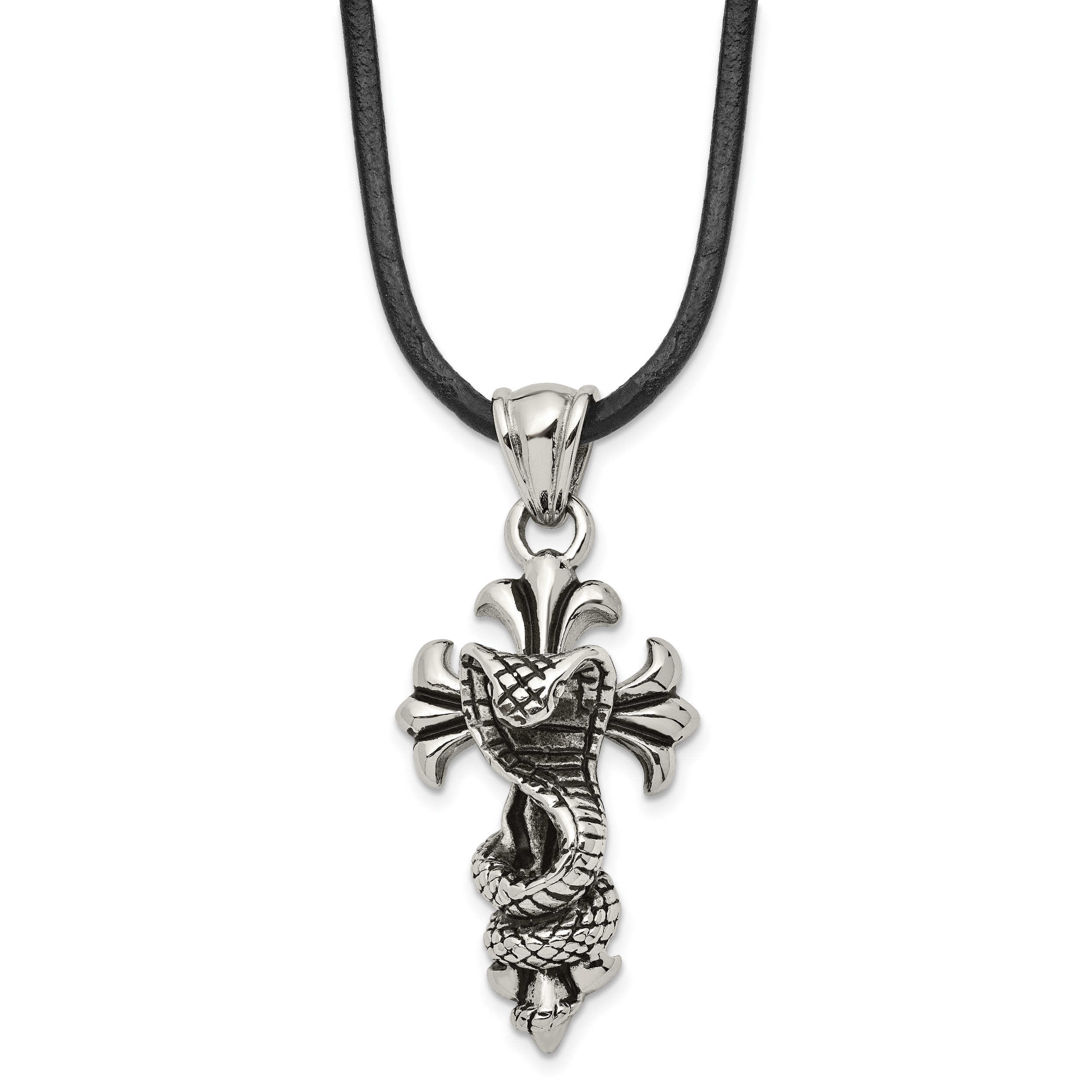 Chisel Stainless Steel Antiqued and Polished Snake on Cross Pendant on a 20 inch Leather Cord Necklace Main image