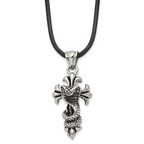 Chisel Stainless Steel Antiqued and Polished Snake on Cross Pendant on a 20 inch Leather Cord Necklace