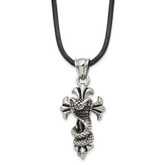 Chisel Stainless Steel Antiqued and Polished Snake on Cross Pendant on a 20 inch Leather Cord Necklace