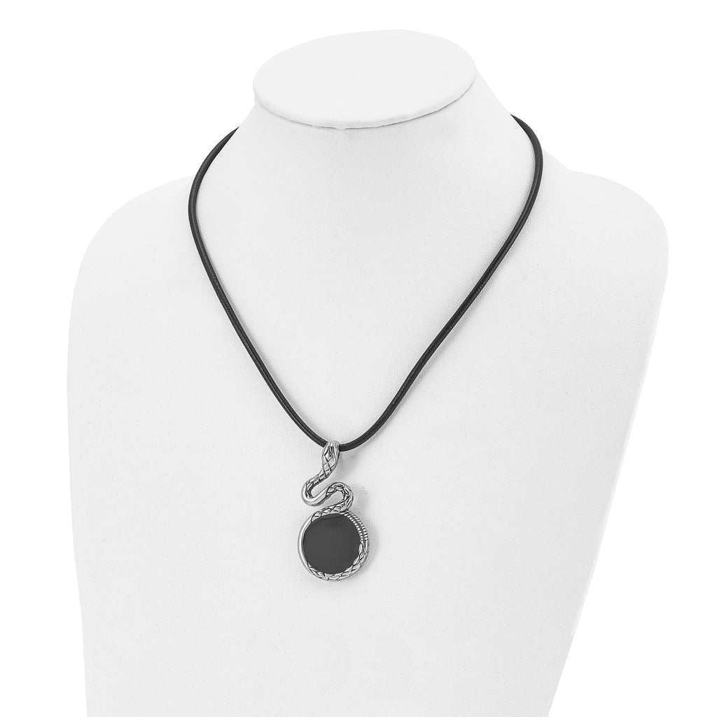 Antiqued Snake Pendant in Stainless Steel on Leather Cord