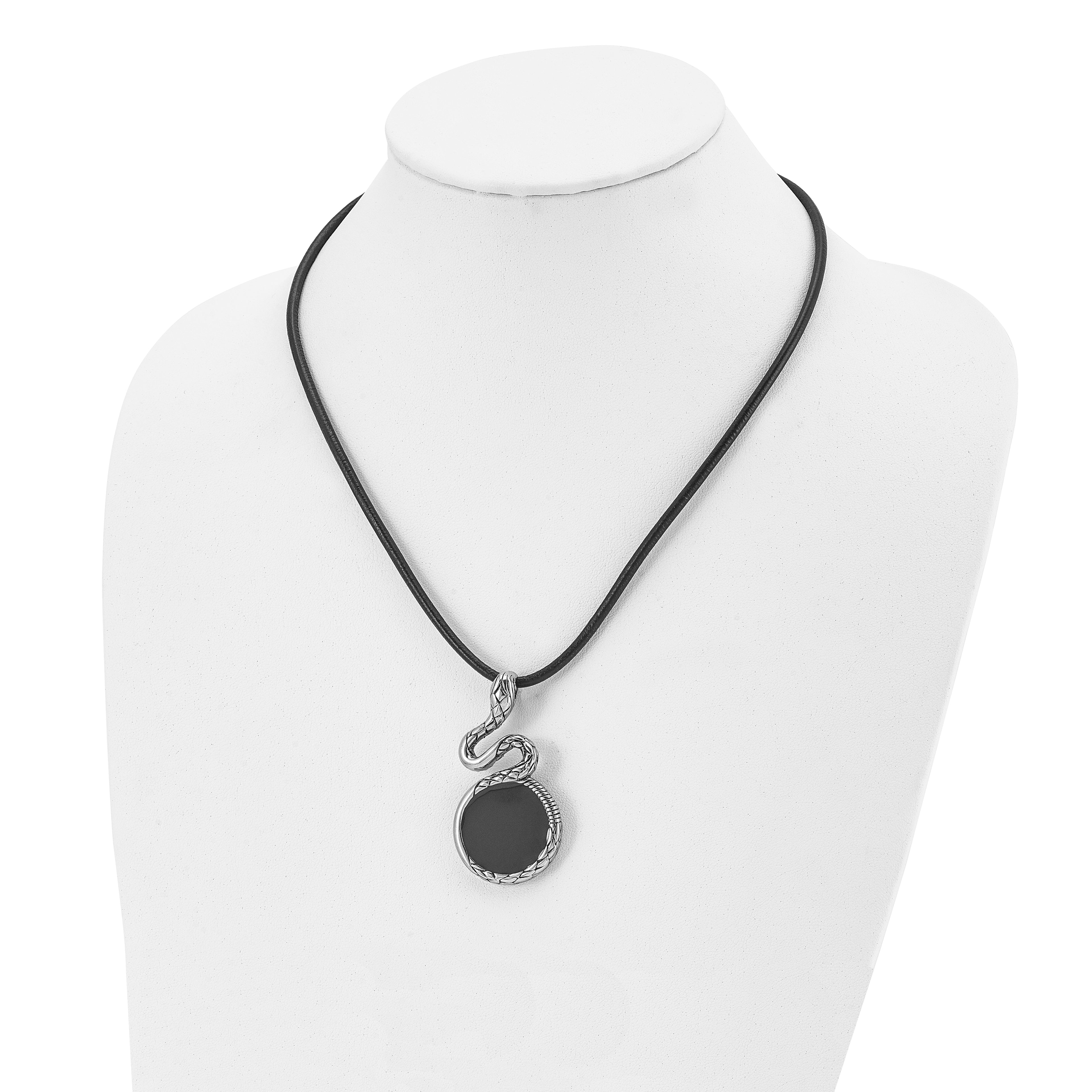 Antiqued Snake Pendant in Stainless Steel on Leather Cord