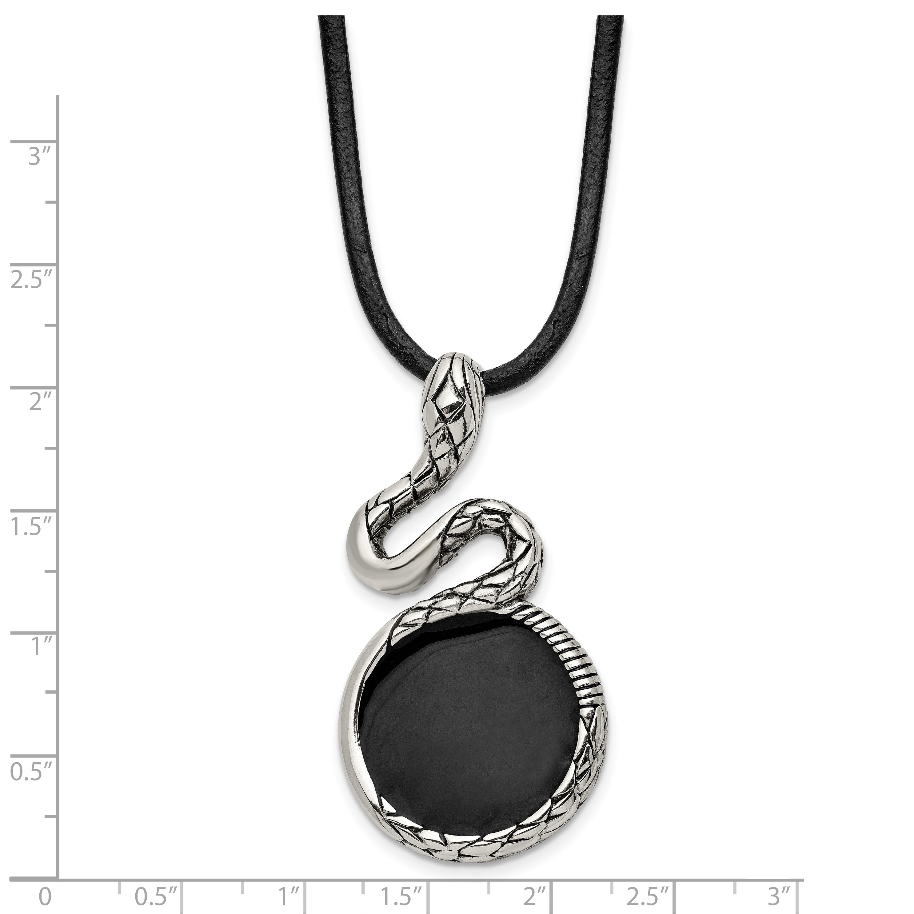Antiqued Snake Pendant in Stainless Steel on Leather Cord