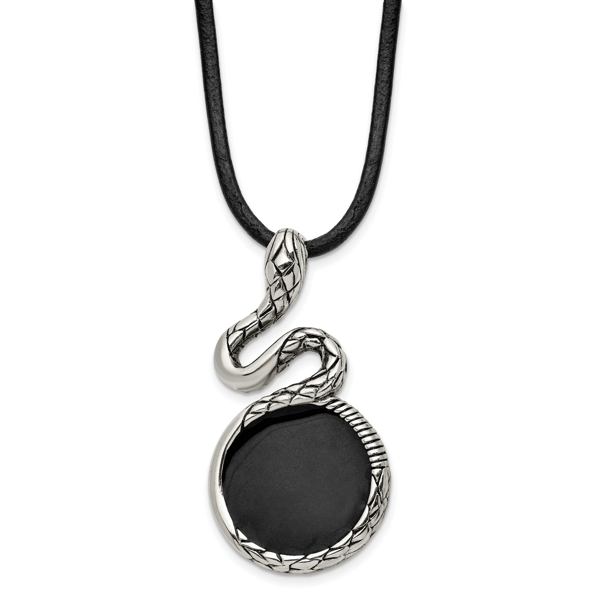 Chisel Stainless Steel Antiqued and Polished Enameled Snake Pednant on a 20 inch Leather Cord Necklace Main image