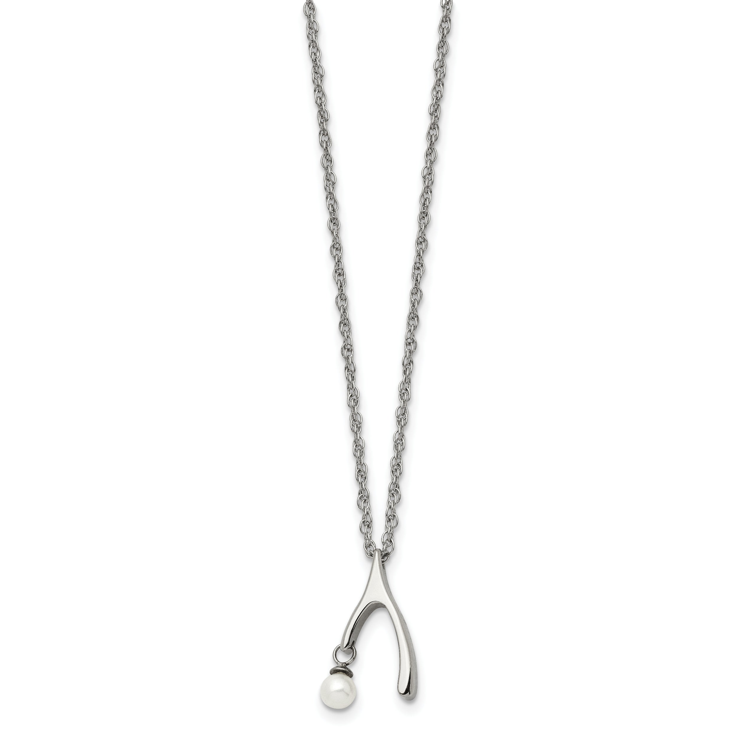 Stainless Steel Polished Wishbone Imitation Pearl 16in Necklace