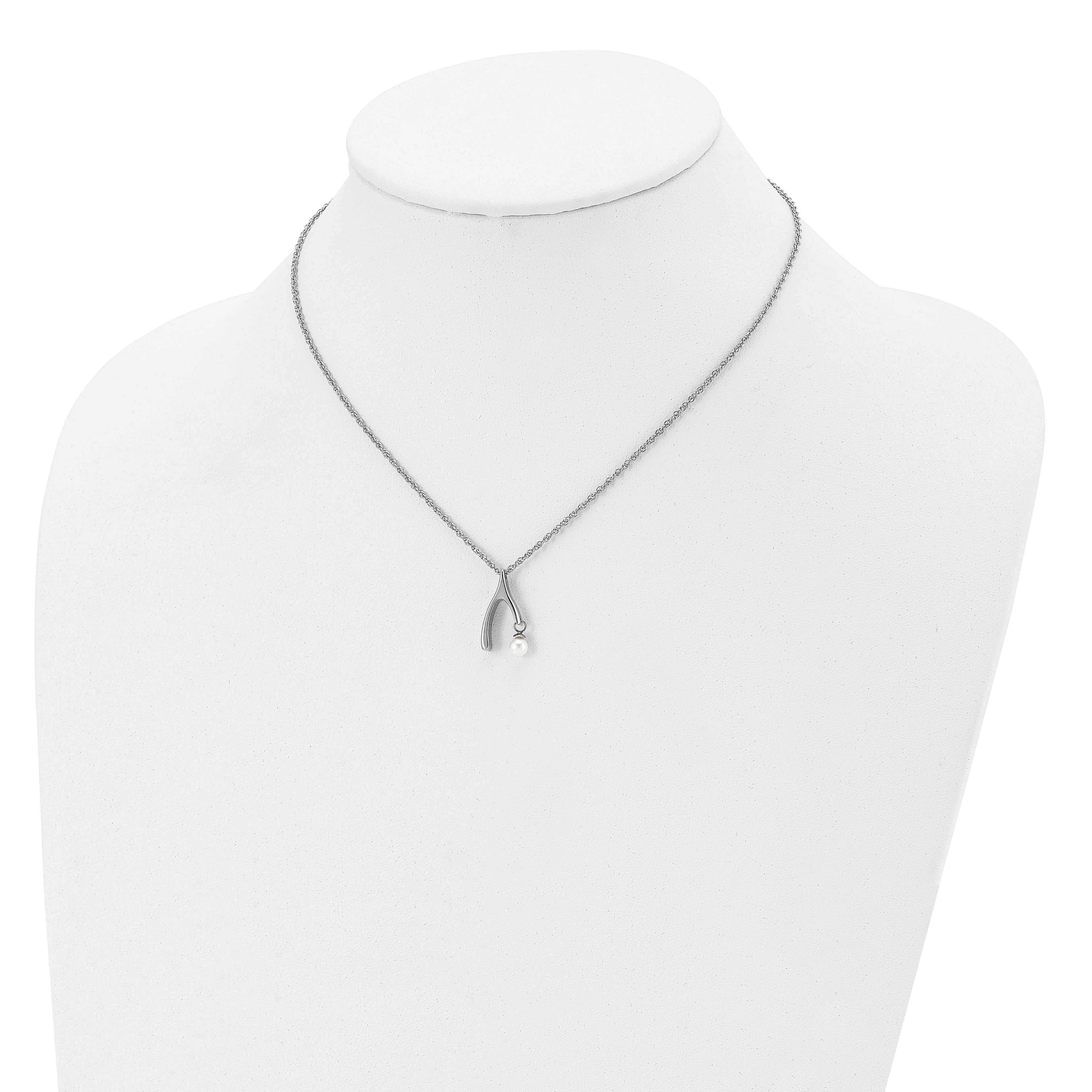 Stainless Steel Polished Wishbone Imitation Pearl 16in Necklace