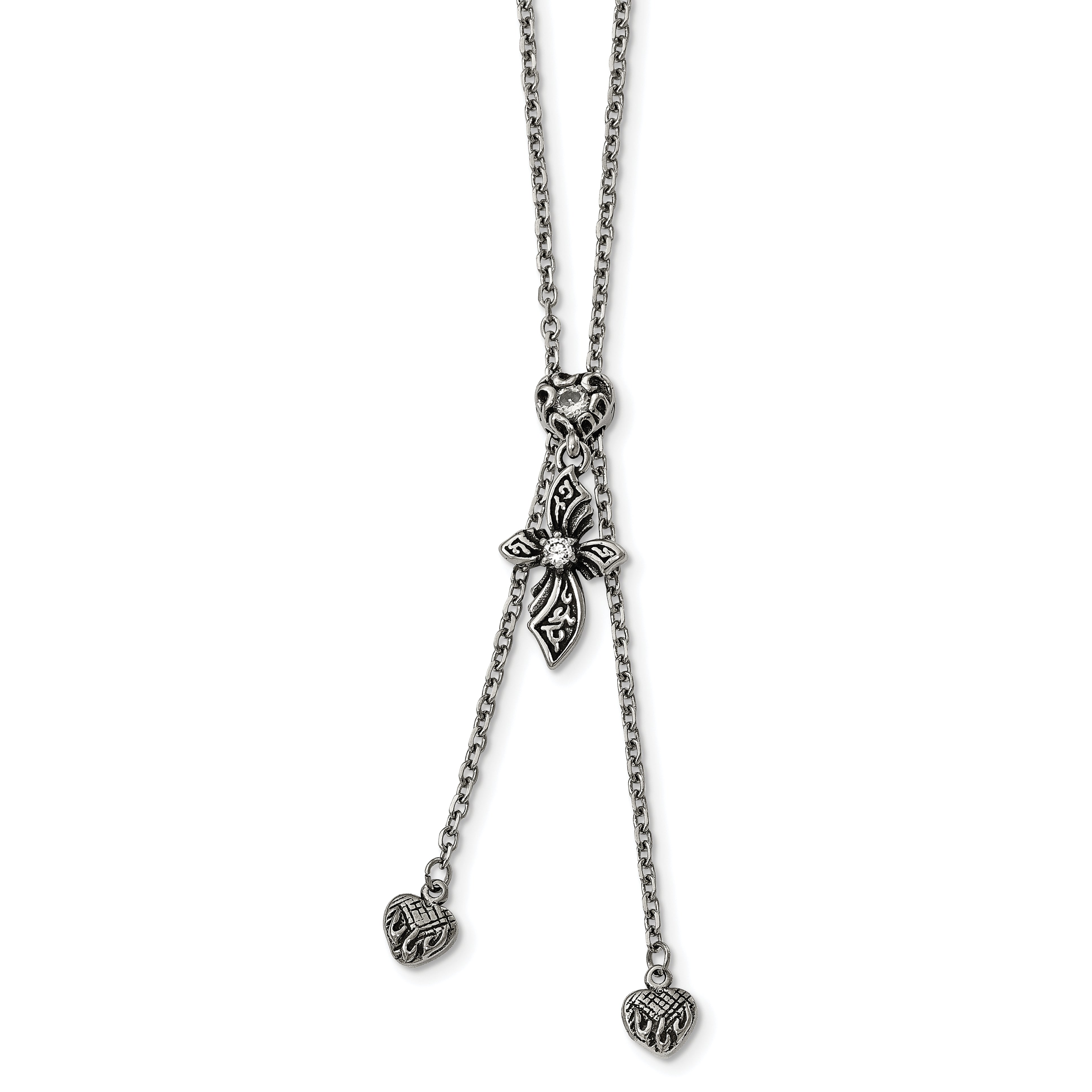 Stainless Steel Antiqued &Polished CZ Adjustable up to 29.5in Necklace Main image