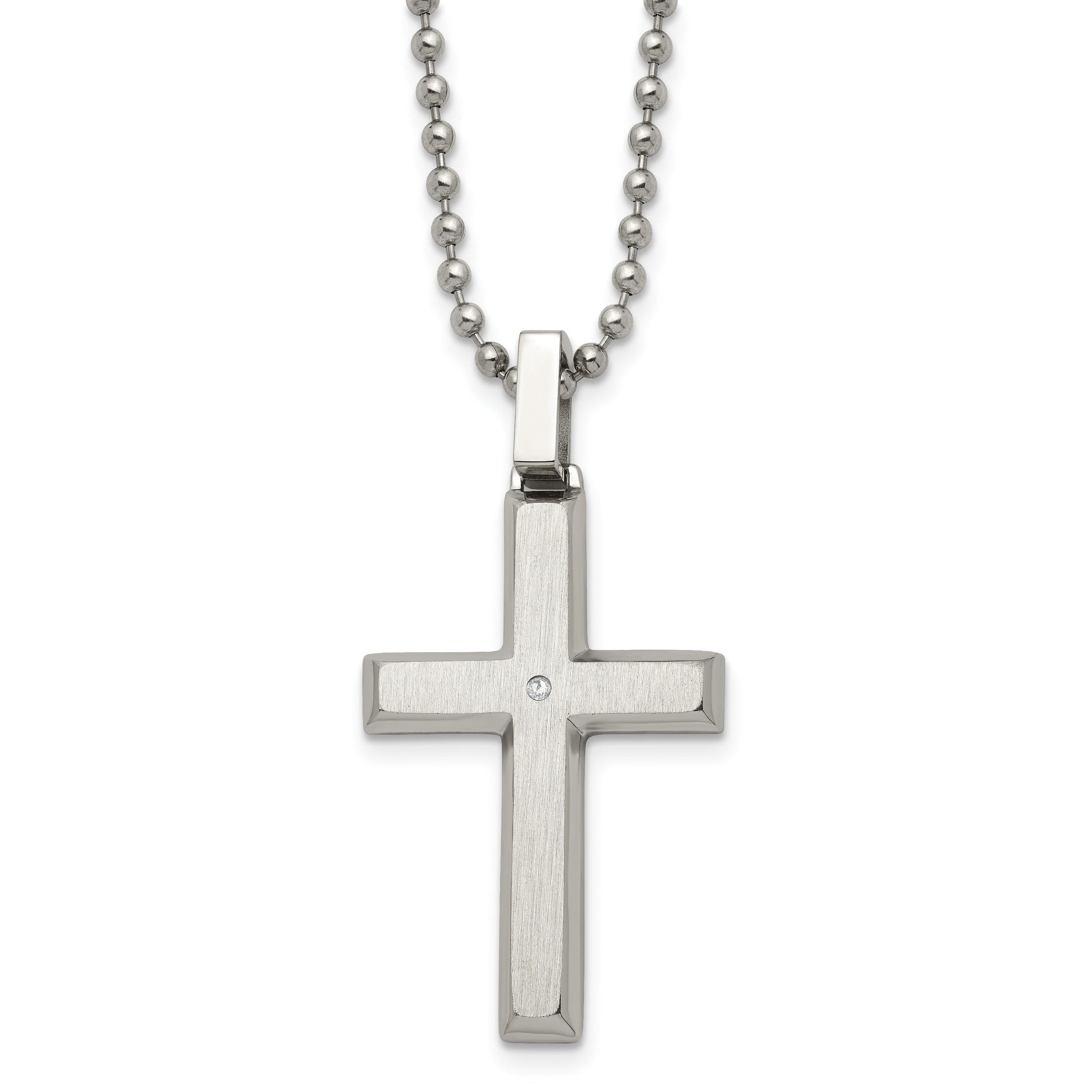 Chisel Stainless Steel Brushed and Polished .01 carat Diamond Cross Pendant on a 22 inch Ball Chain Necklace