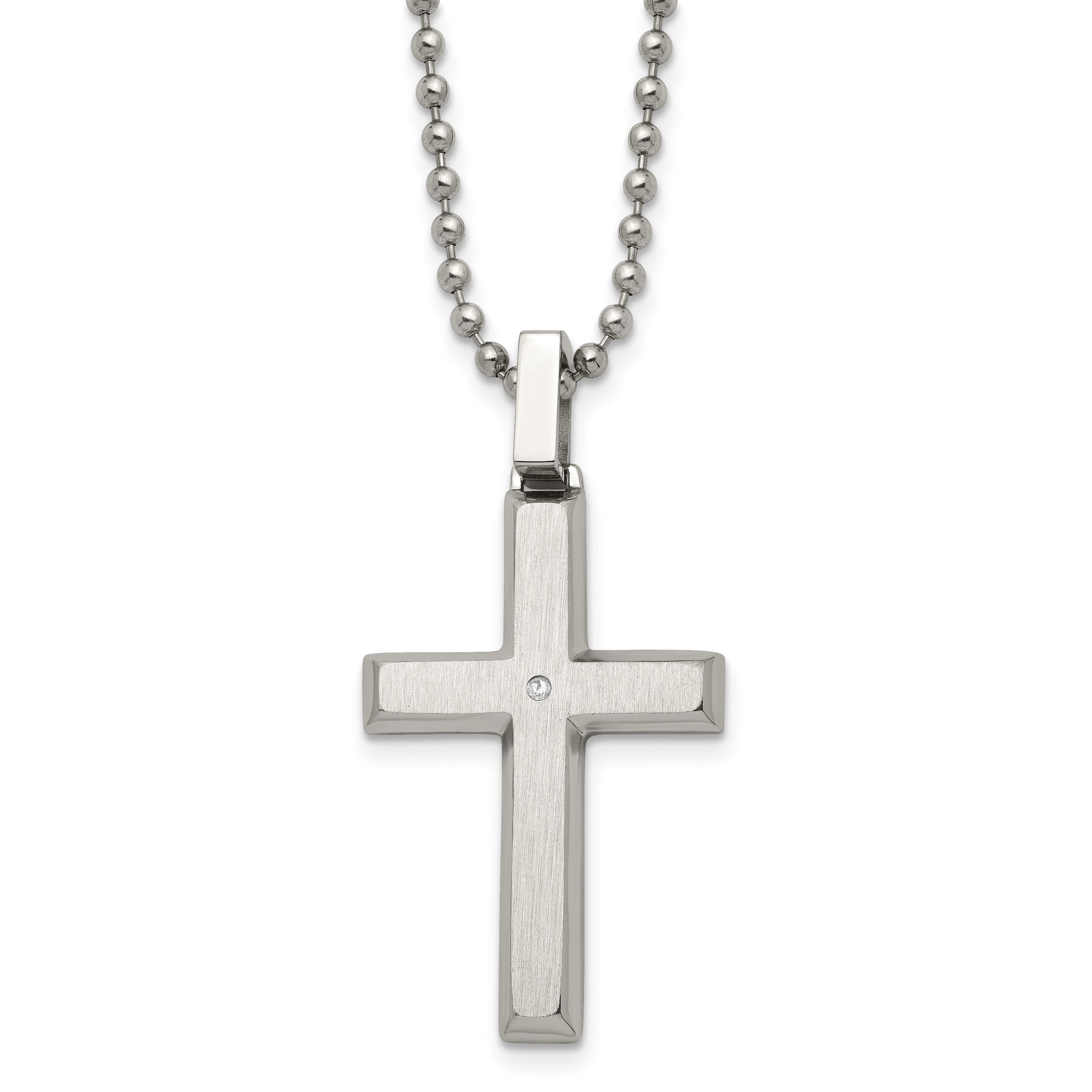 Chisel Stainless Steel Brushed and Polished .01 carat Diamond Cross Pendant on a 22 inch Ball Chain Necklace Main image