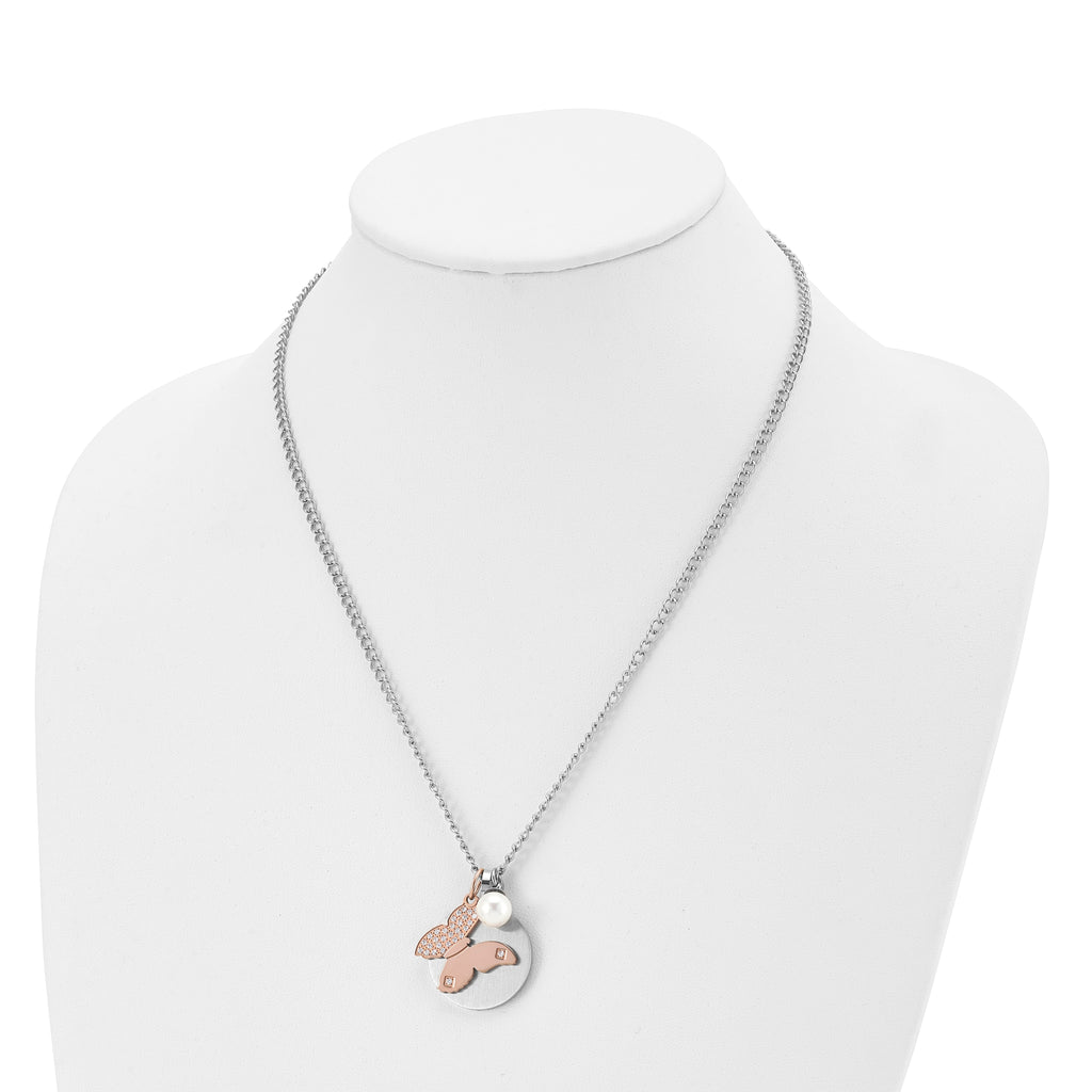 Butterfly & Pearl Necklace in Rose-Tone Stainless Steel