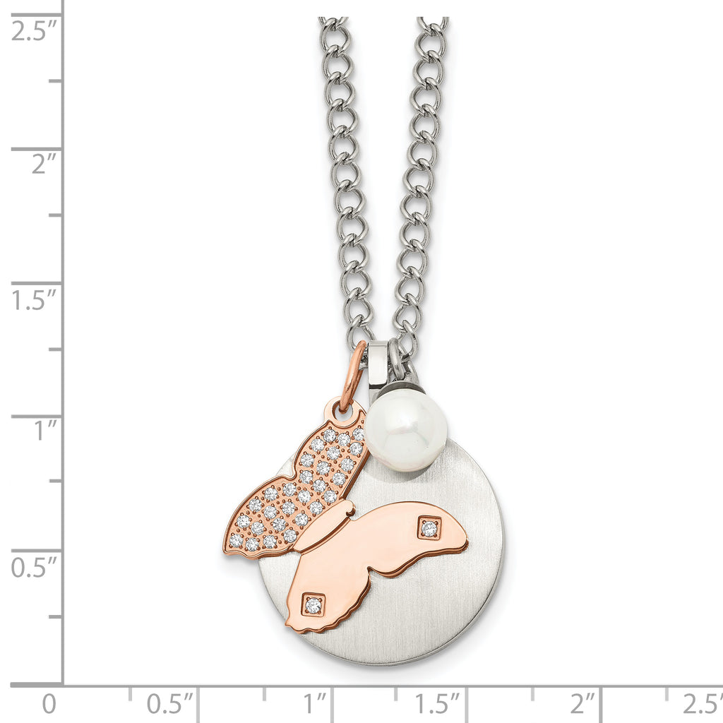 Butterfly & Pearl Necklace in Rose-Tone Stainless Steel