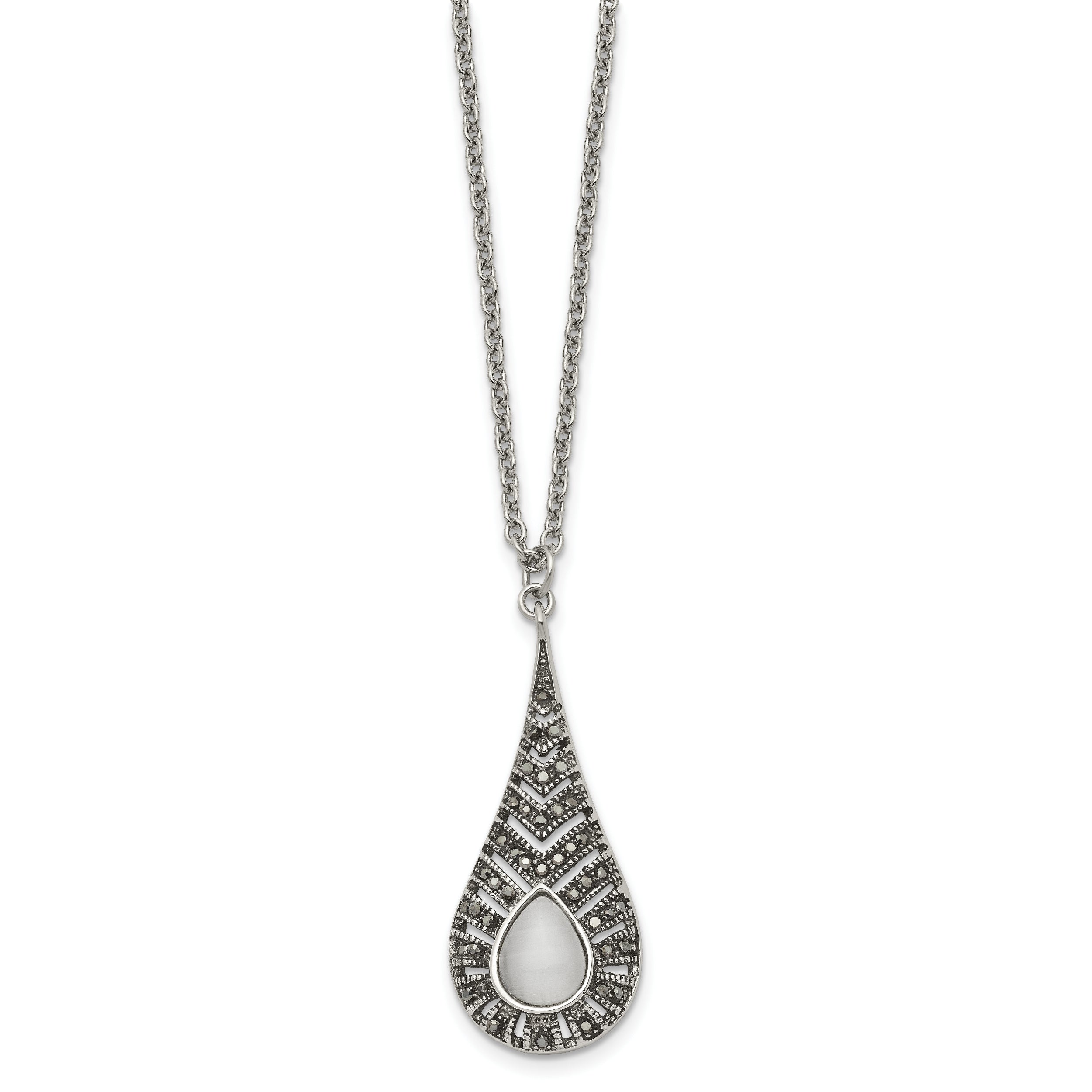 Stainless Steel Polished w/Marcasite and Cat's Eye 18in Necklace