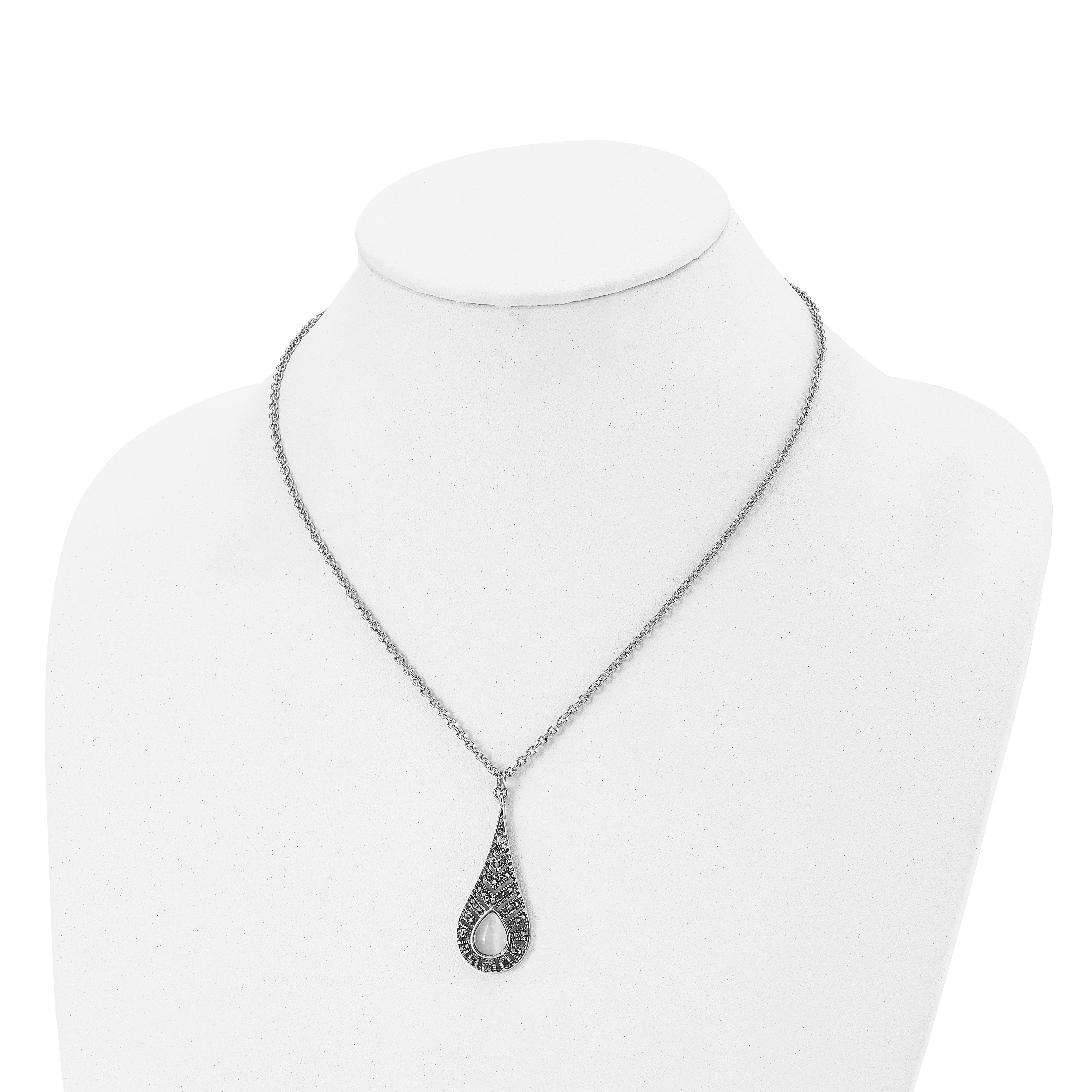 Stainless Steel Polished w/Marcasite and Cat's Eye 18in Necklace