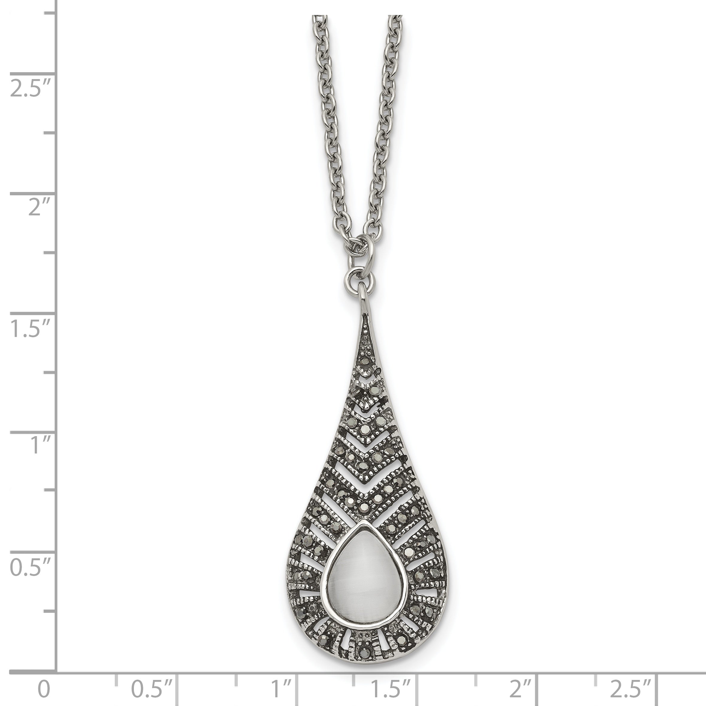 Stainless Steel Polished w/Marcasite and Cat's Eye 18in Necklace