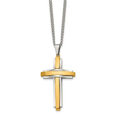 Chisel Stainless Steel Polished Yellow IP-plated Cross Pendant on a 24 inch Curb Chain Necklace