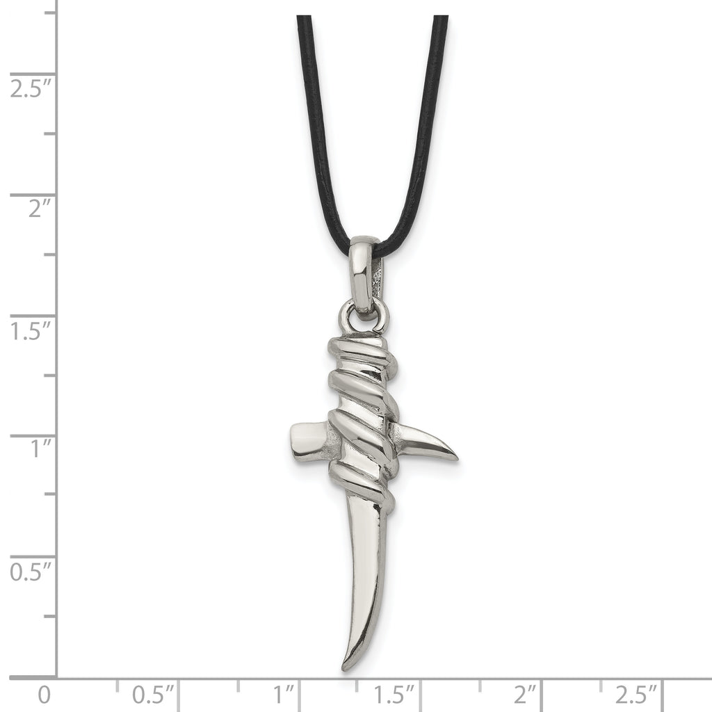 Stainless Steel Polished Pointed Cross 20in Leather Cord Necklace