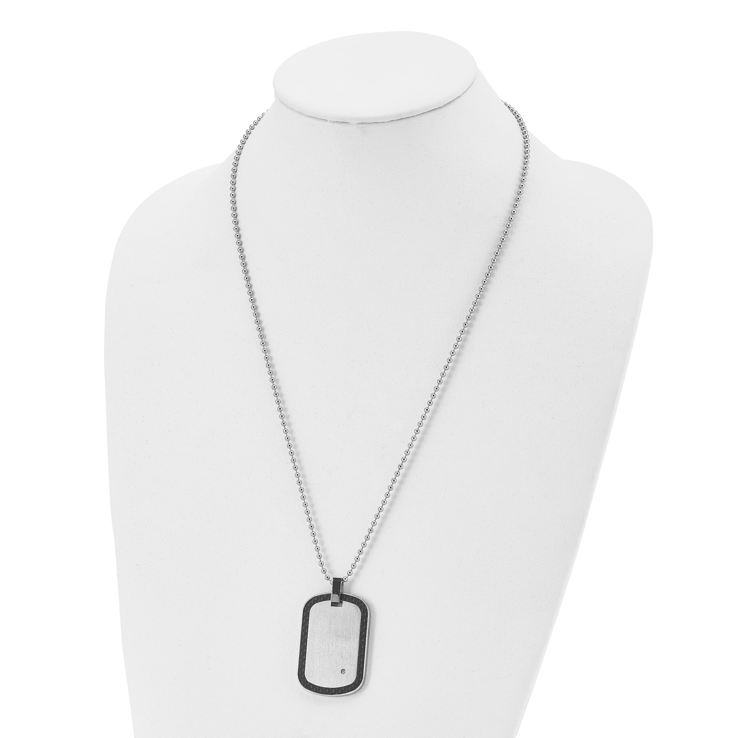 Chisel Stainless Steel Brushed with Black Carbon Fiber Inlay Edges and .01carat Diamond Dog Tag on a 24 inch Ball Chain Necklace