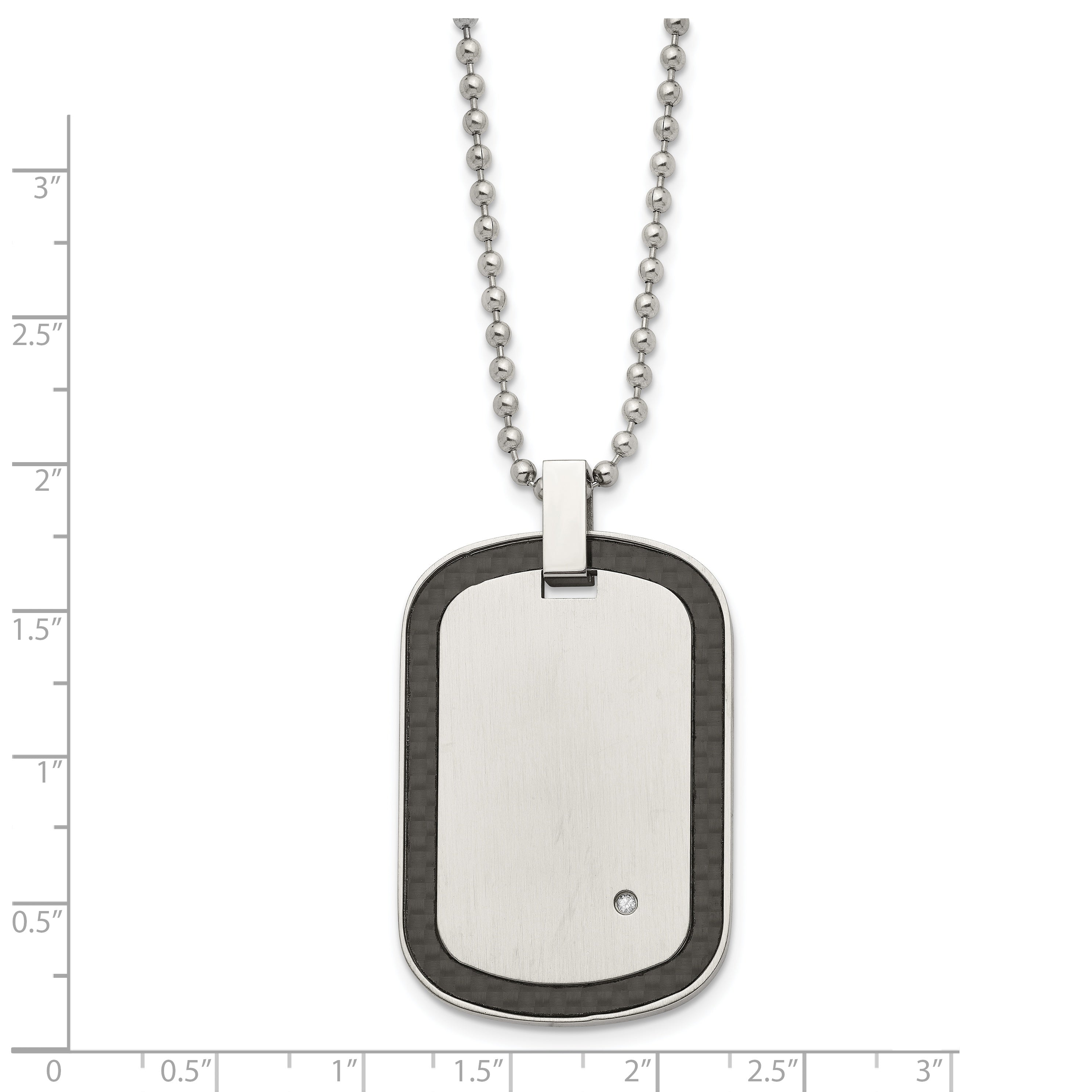 Chisel Stainless Steel Brushed with Black Carbon Fiber Inlay Edges and .01carat Diamond Dog Tag on a 24 inch Ball Chain Necklace