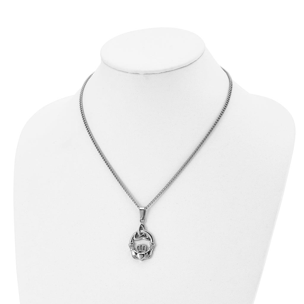 Chisel Stainless Steel Polished Trinity Knot and Claddagh Pendant on an 18 inch Curb Chain Necklace