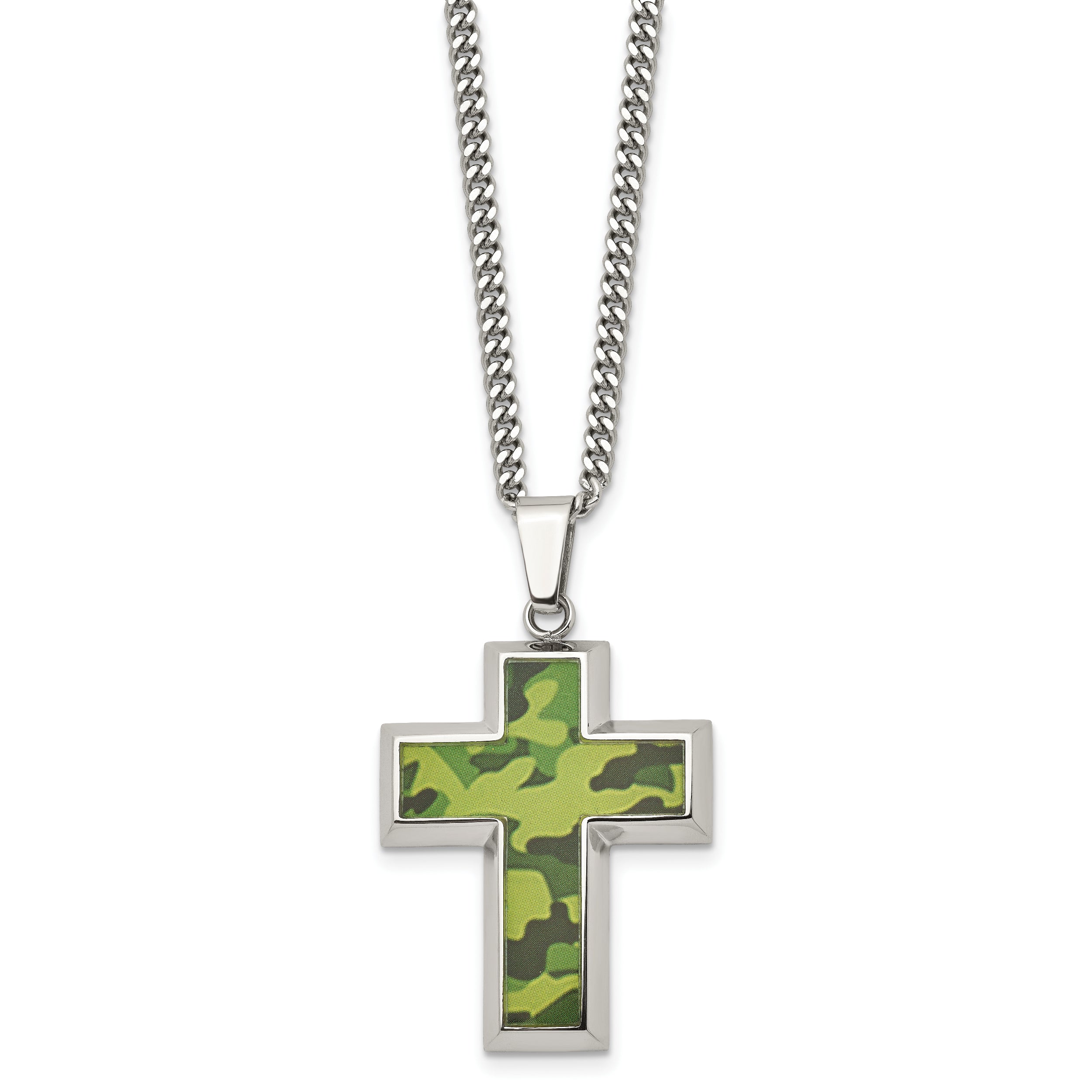 Chisel Stainless Steel Polished Printed Green Camo Under Rubber Cross Pendant on a 22 inch Curb Chain Necklace