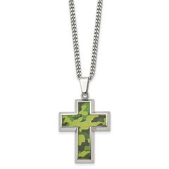 Chisel Stainless Steel Polished Printed Green Camo Under Rubber Cross Pendant on a 22 inch Curb Chain Necklace