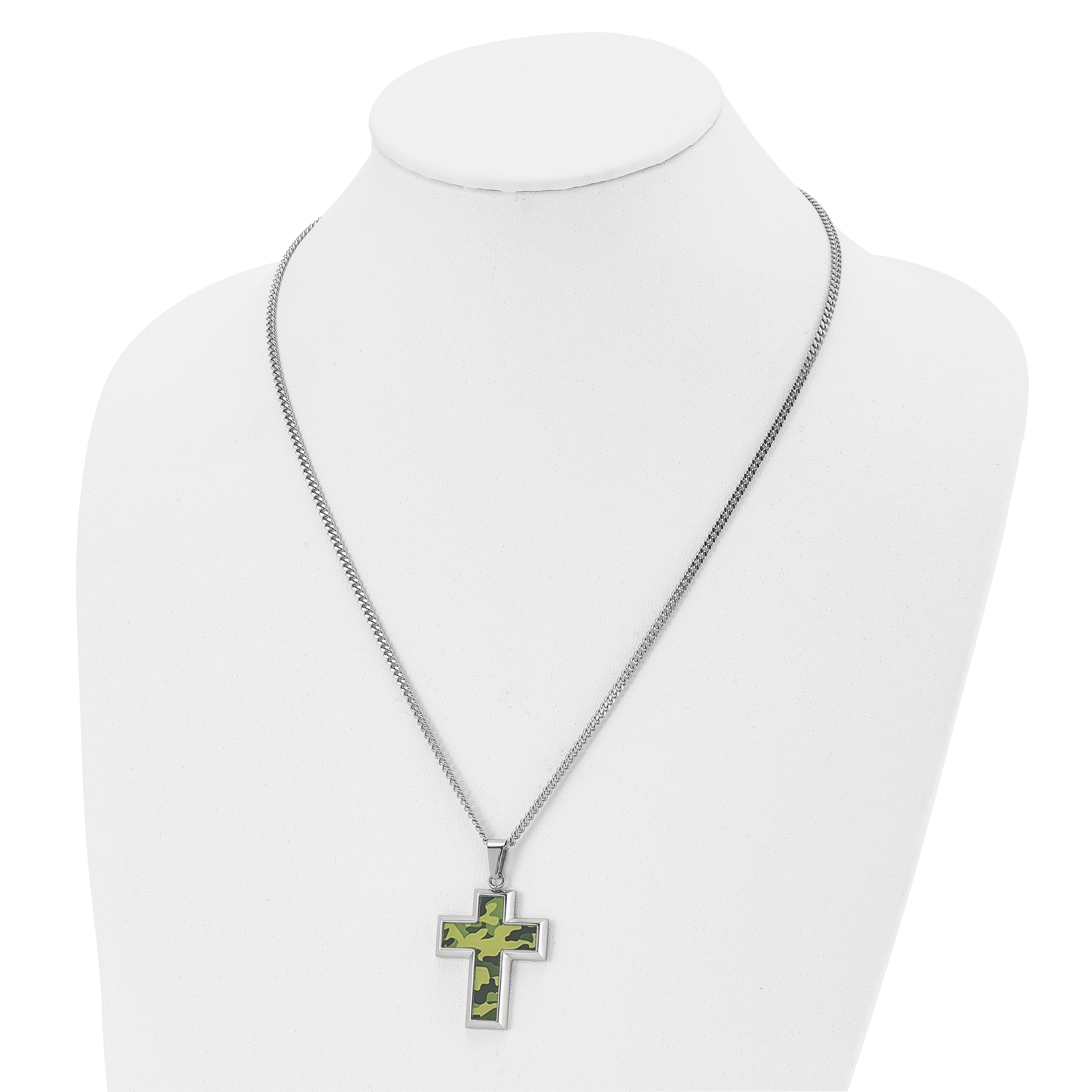 Chisel Stainless Steel Polished Printed Green Camo Under Rubber Cross Pendant on a 22 inch Curb Chain Necklace