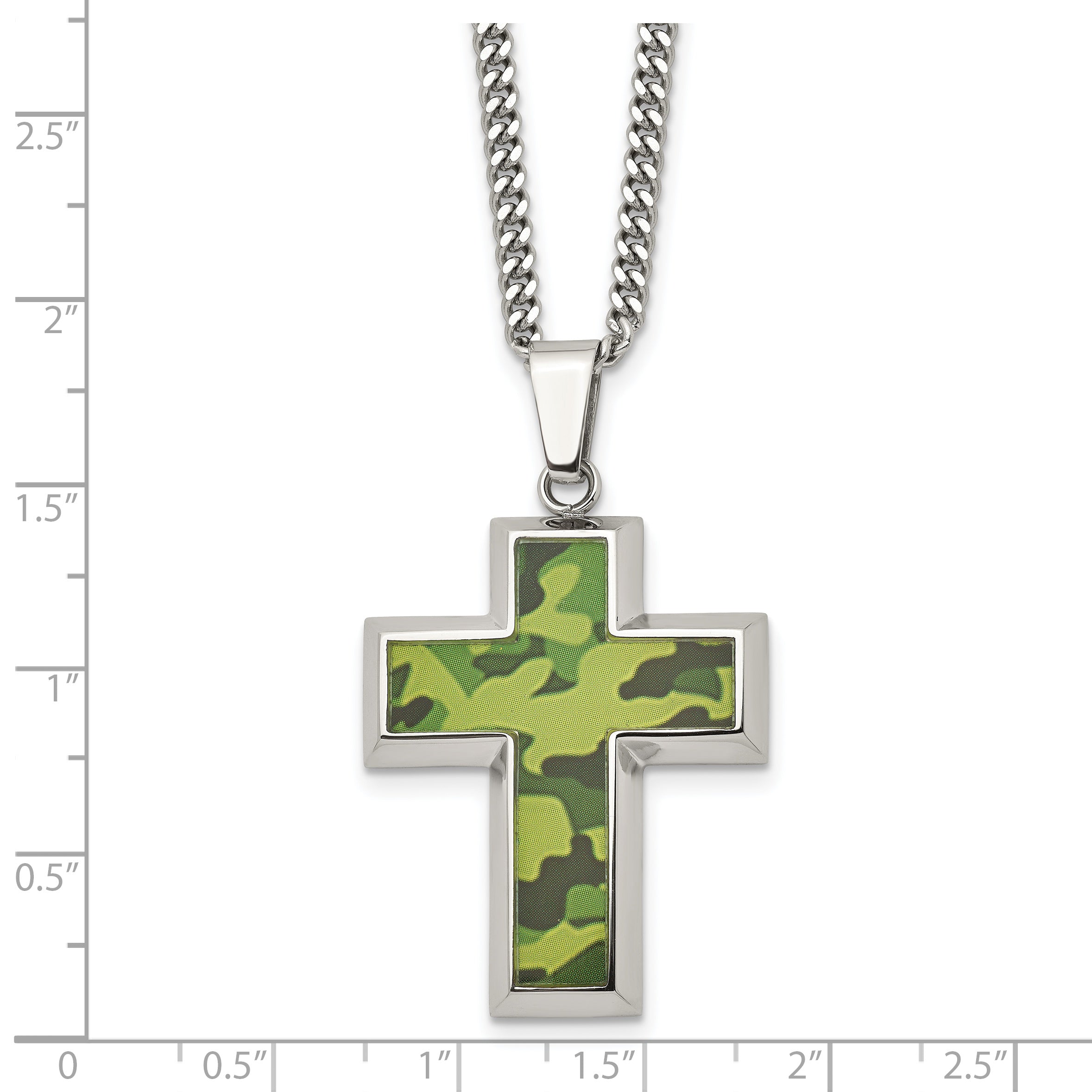 Chisel Stainless Steel Polished Printed Green Camo Under Rubber Cross Pendant on a 22 inch Curb Chain Necklace