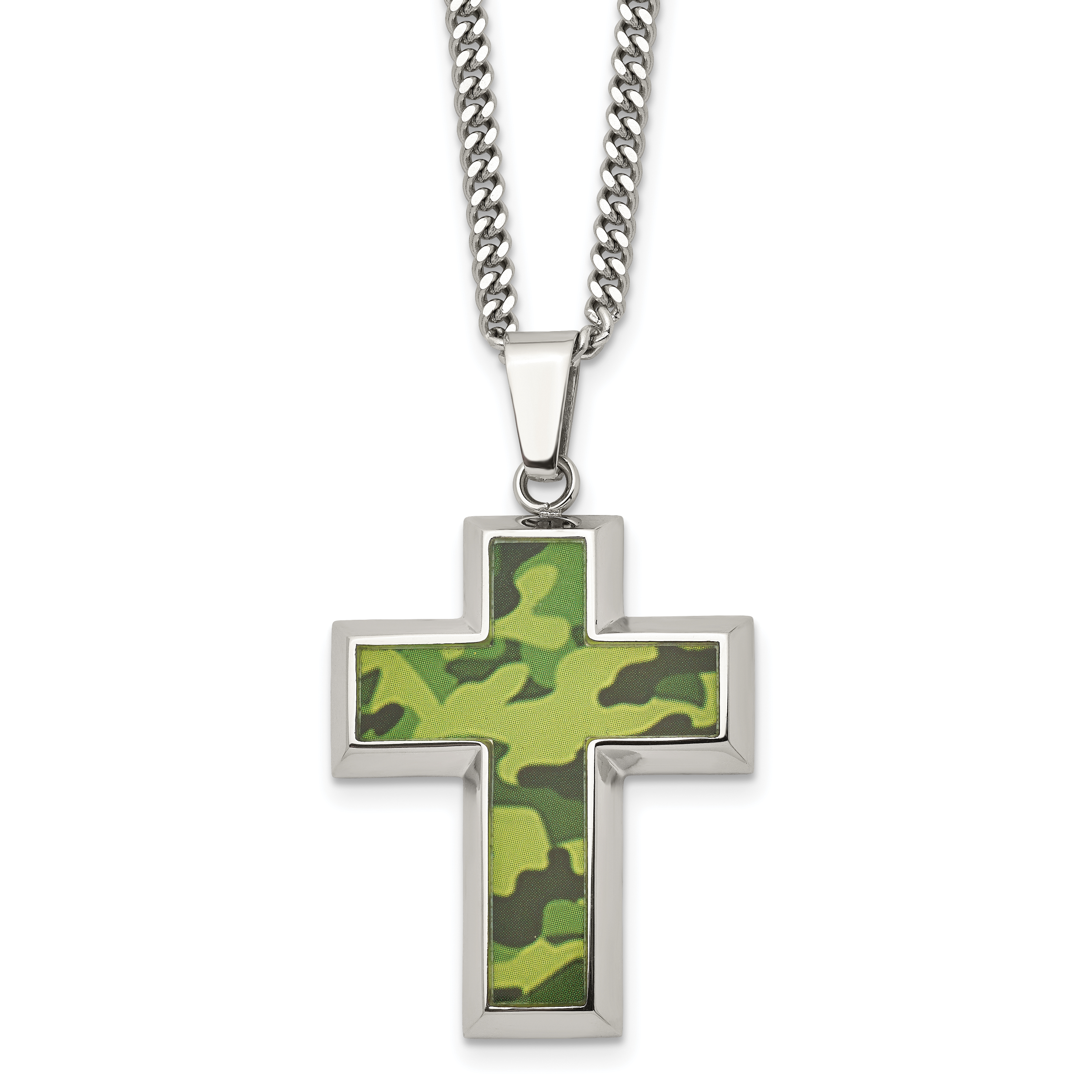 Chisel Stainless Steel Polished Printed Green Camo Under Rubber Cross Pendant on a 22 inch Curb Chain Necklace Main image