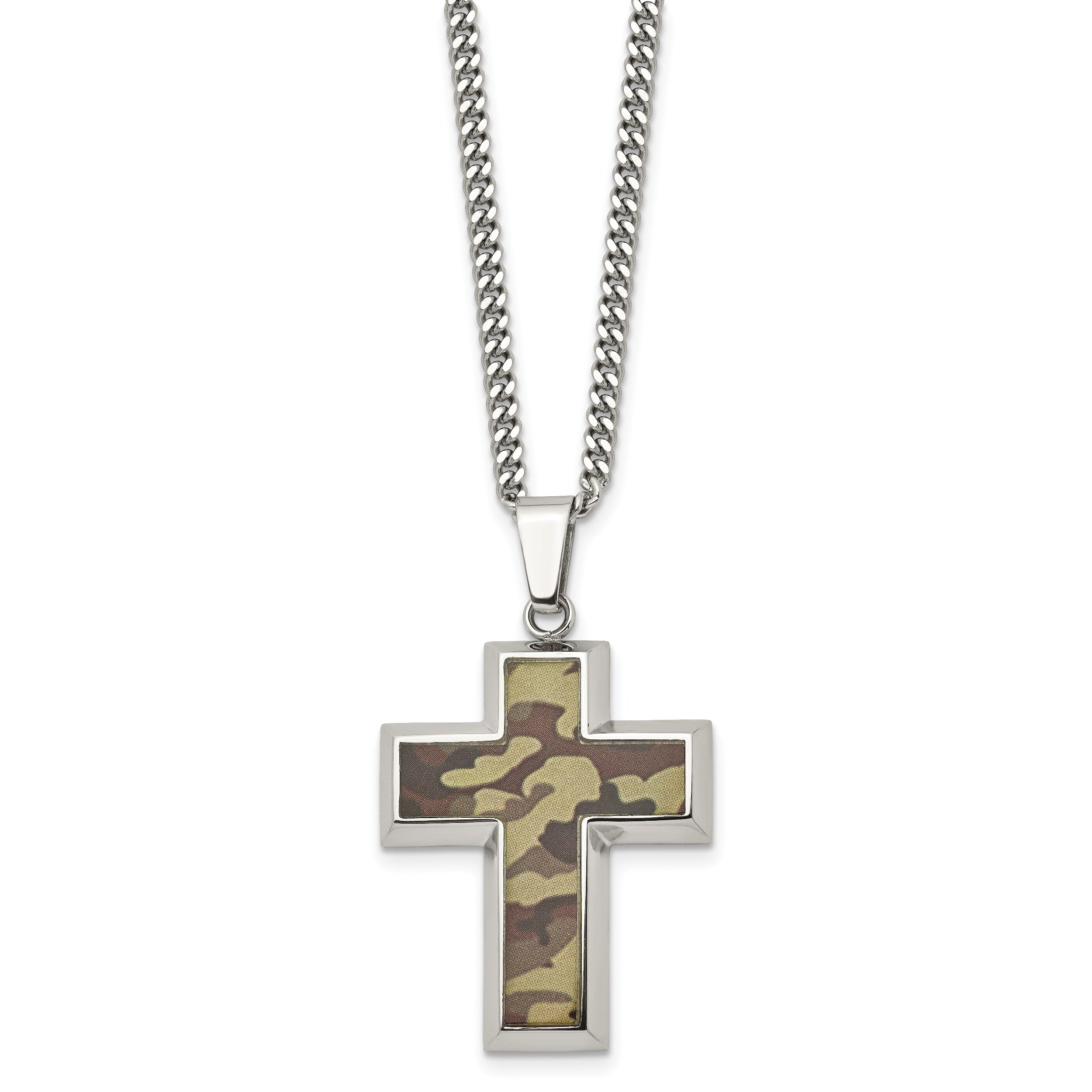 Stainless Steel Men's Camo Cross Necklace with Engravable Pendant