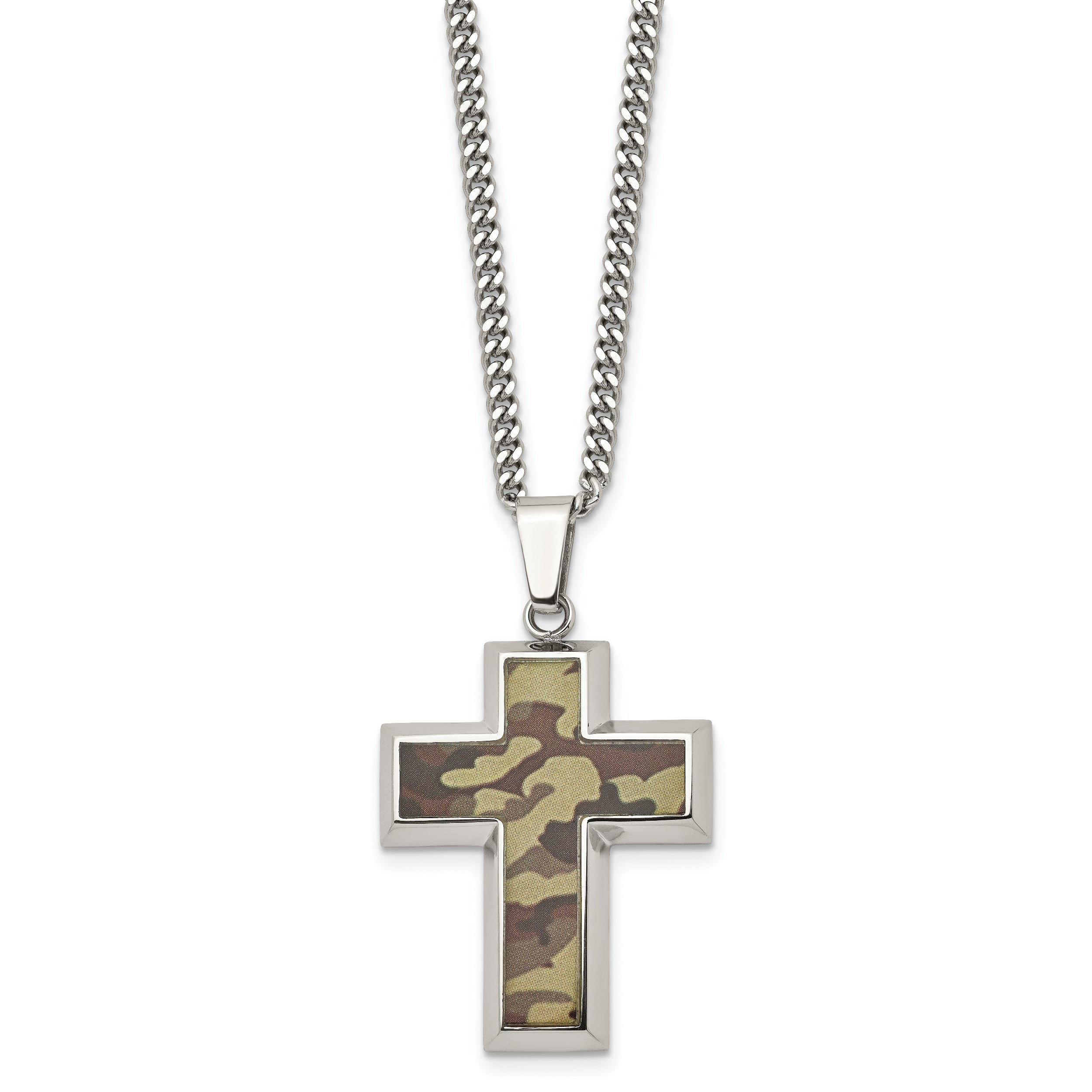 Chisel Stainless Steel Polished Printed Brown Camo Under Rubber Cross Pendant on a 22 inch Curb Chain Necklace