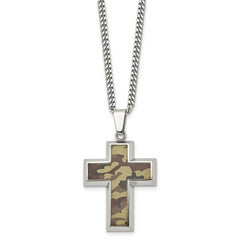 Chisel Stainless Steel Polished Printed Brown Camo Under Rubber Cross Pendant on a 22 inch Curb Chain Necklace