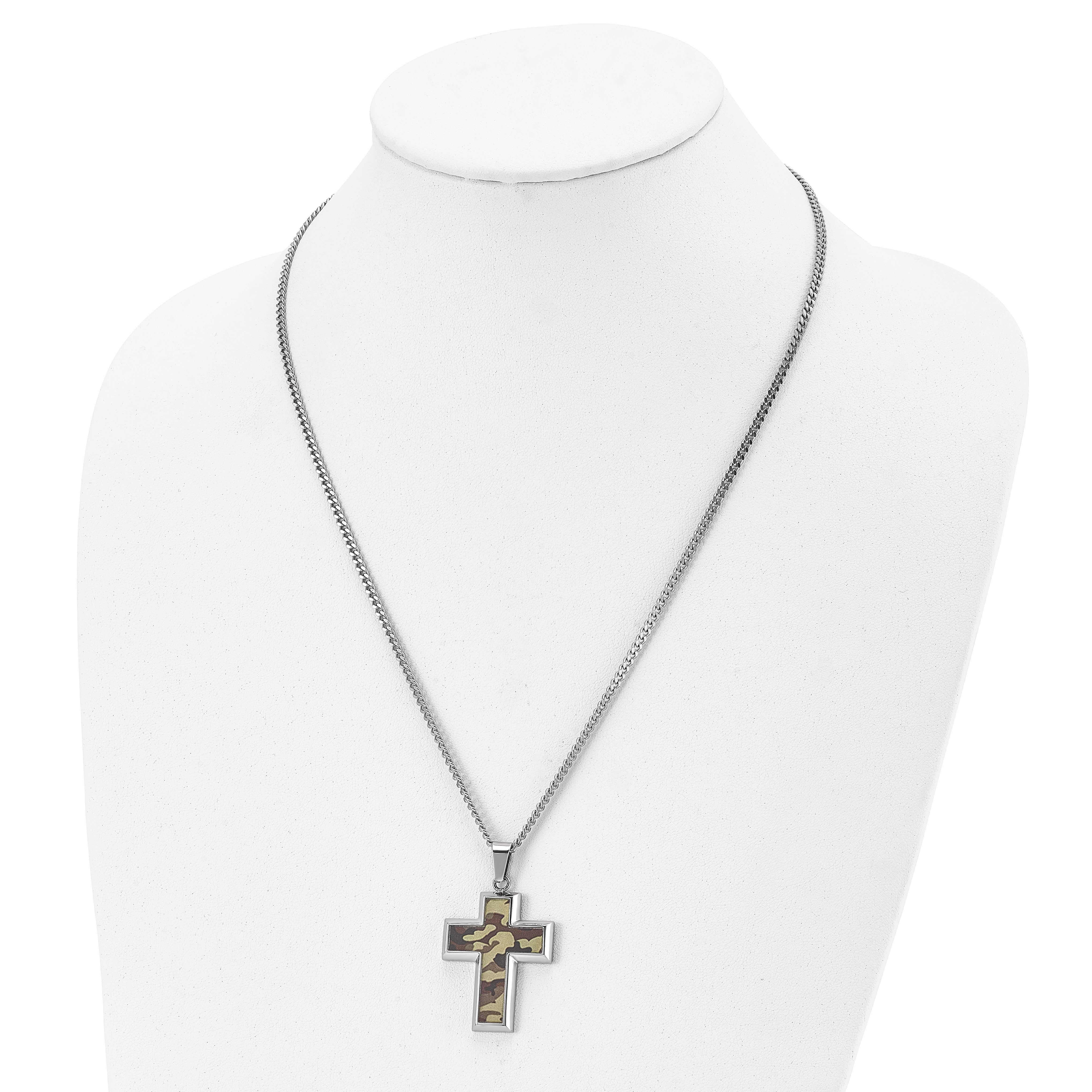 Chisel Stainless Steel Polished Printed Brown Camo Under Rubber Cross Pendant on a 22 inch Curb Chain Necklace