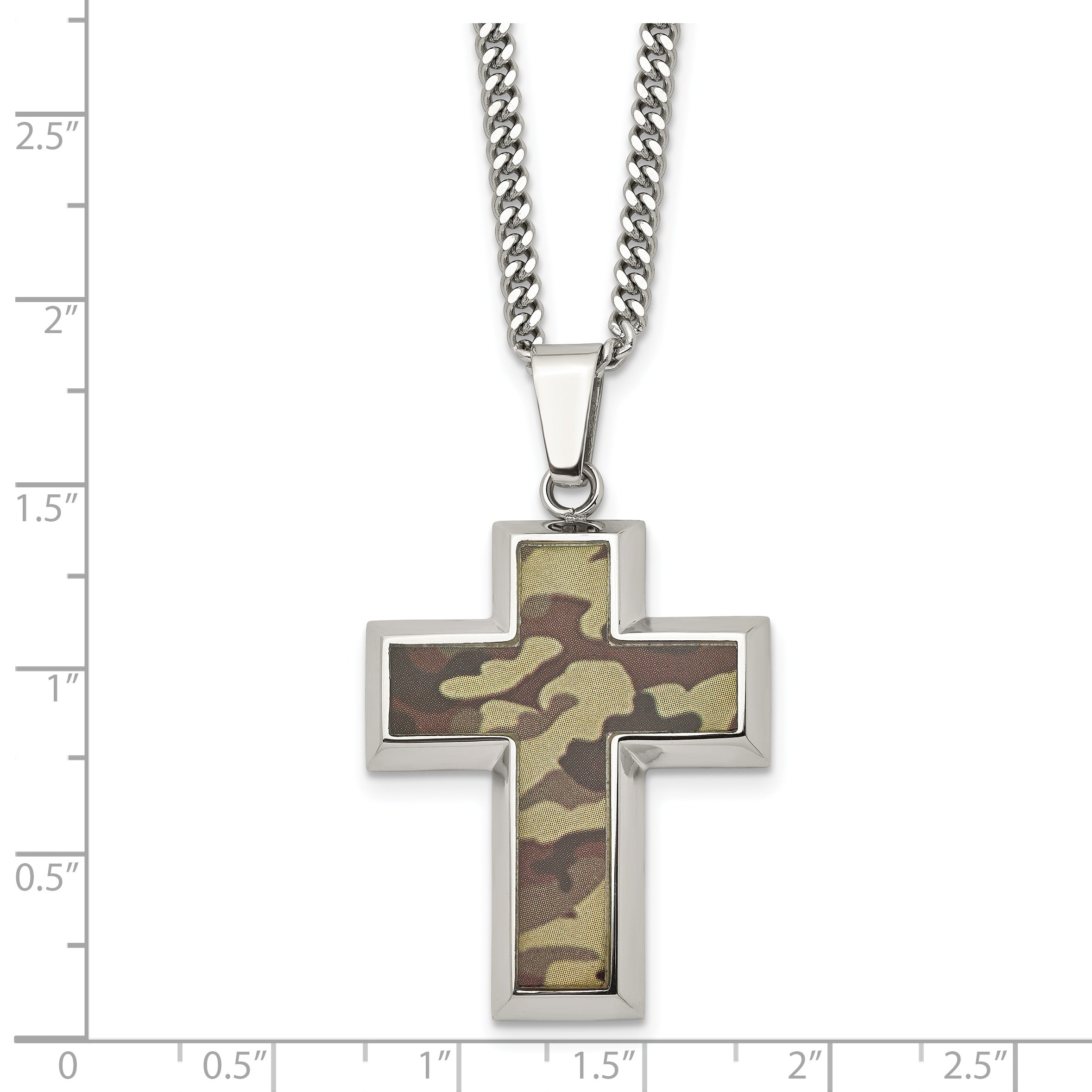 Chisel Stainless Steel Polished Printed Brown Camo Under Rubber Cross Pendant on a 22 inch Curb Chain Necklace