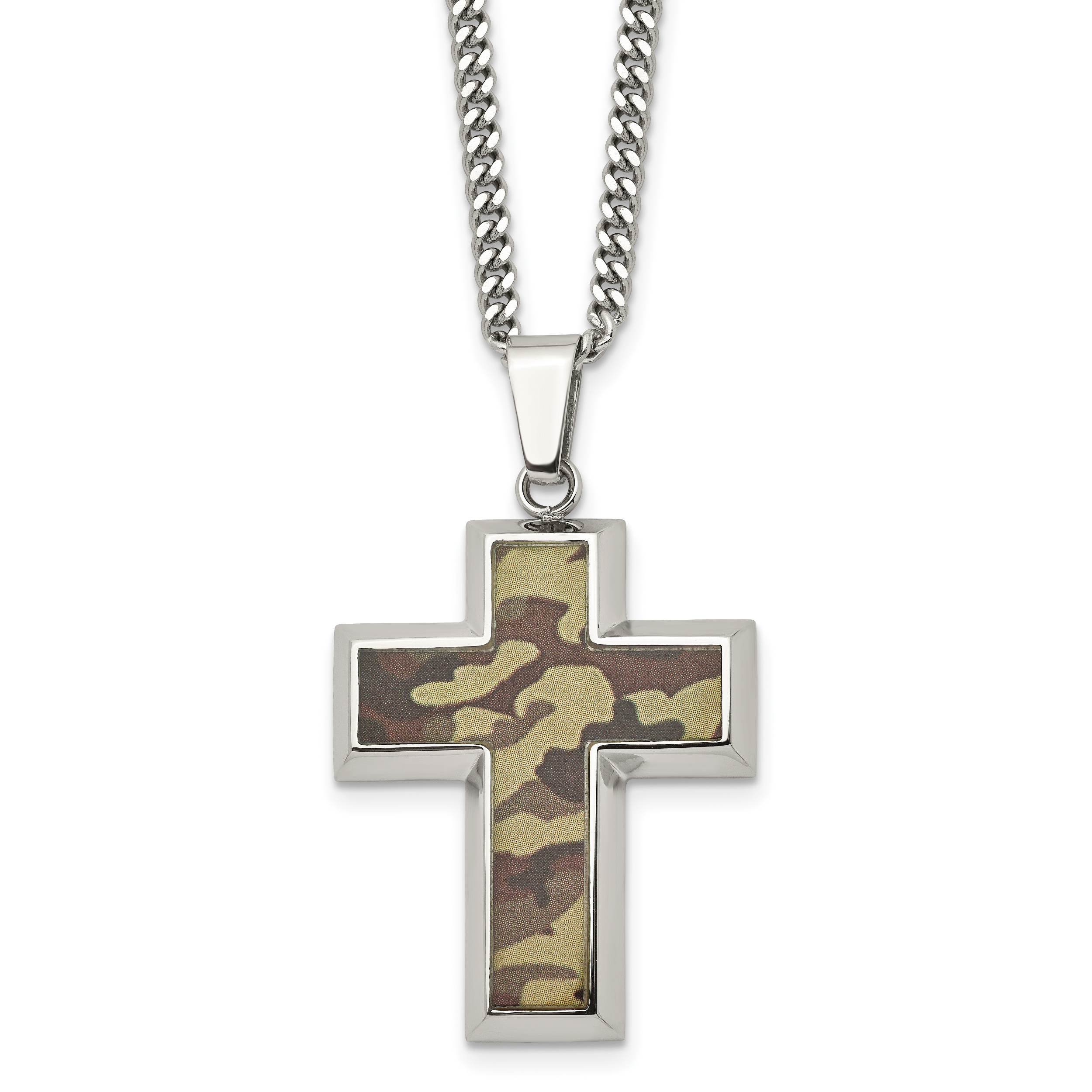 Chisel Stainless Steel Polished Printed Brown Camo Under Rubber Cross Pendant on a 22 inch Curb Chain Necklace Main image